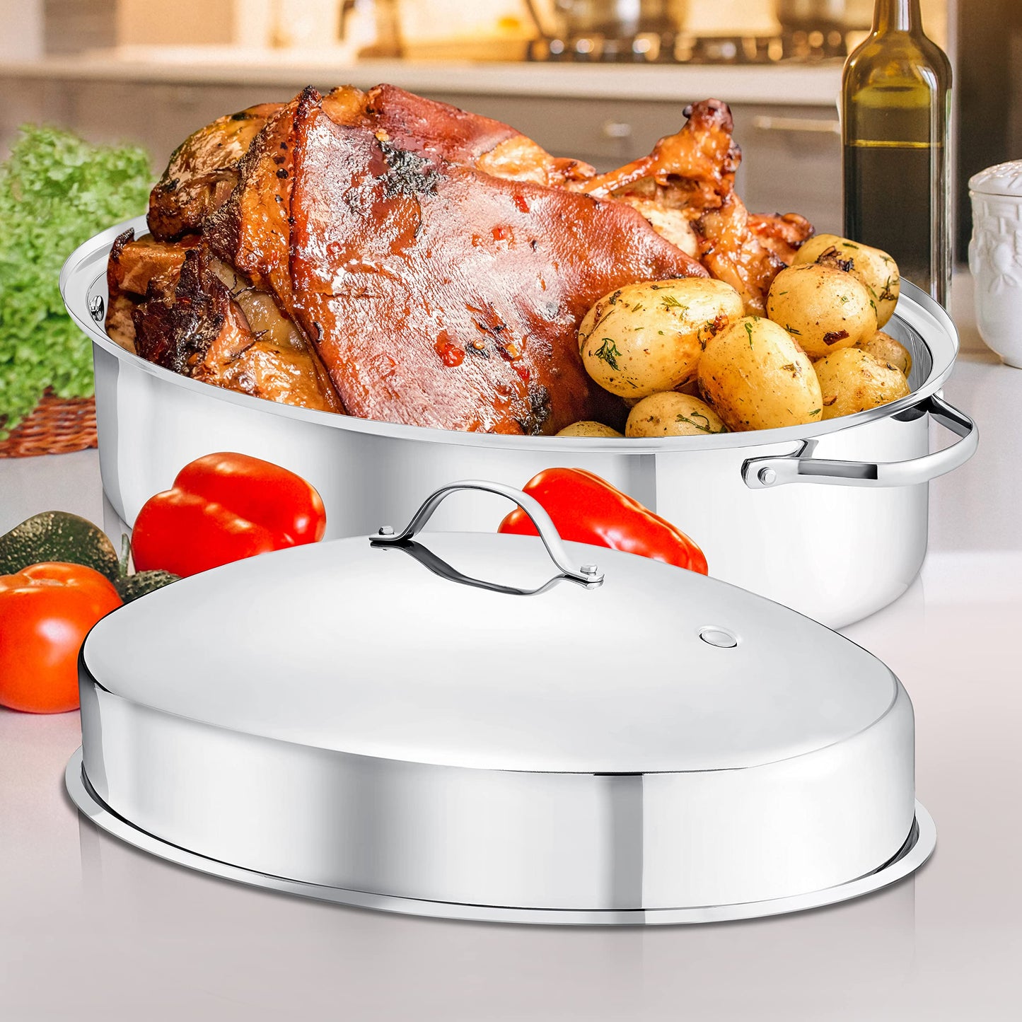 NutriChef 20" Oval Roasting Pan with Rack and Lid - Premium Stainless Steel Roaster Dish w/ Wide Handles & Removable Rack, Multi-Use Cookware for Turkey, Chicken, Stews, & More - Dishwasher Safe