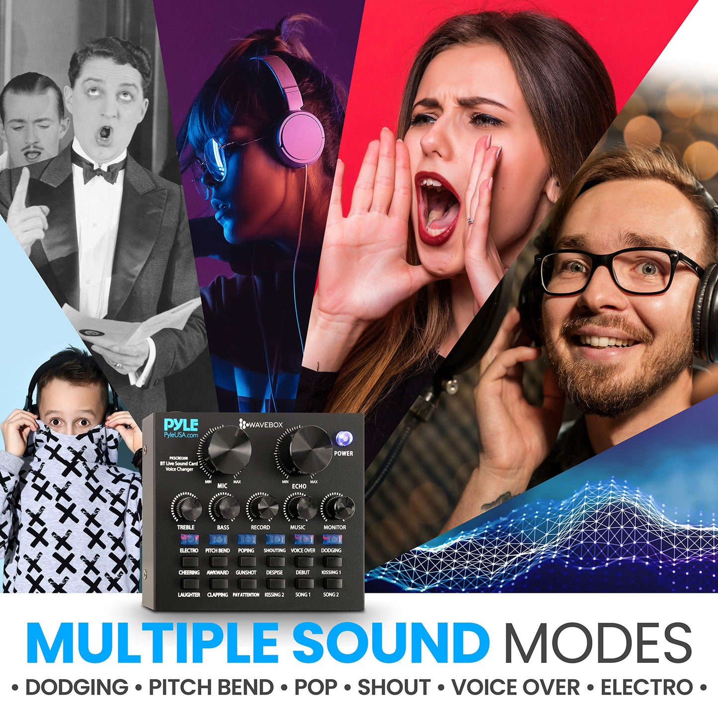 Pyle PKSCRD208 Bluetooth Mini Audio Interface Podcast Mixer Sound Card - Live Streaming for PC Computer iPhone Broadcasting | Voice Changer V8 with 12 Sound Effects,3 Inputs, Mic Input