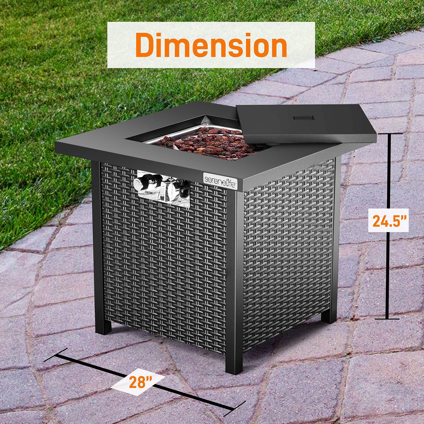 Outdoor Propane Fire Pit Table - CSA Approved Safe 40,000 BTU Pulse Ignition Propane Gas Fire Table - Steel Tabletop, Rattan-Look Steel Panel, 6.6 Lbs Decorative lave Rock Set - SereneLife SLFPS3