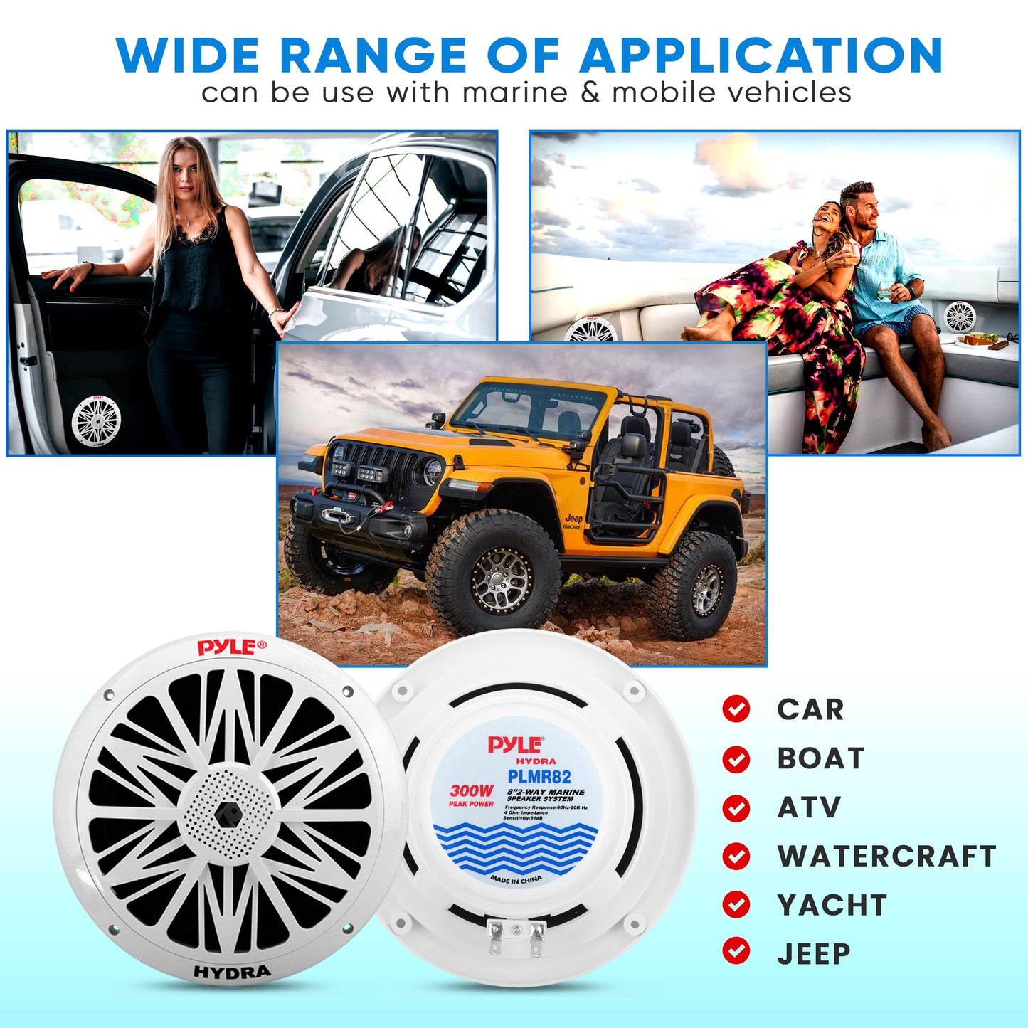 Pyle Marine Speakers, Waterproof, Weather Resistant, 8 Inch Dual, 10 Inch Outer Frame, 300 Watt Power, Poly Carbon Cone, Cloth Surround, Includes Mounting Hardware and Wires, White, PLMR82