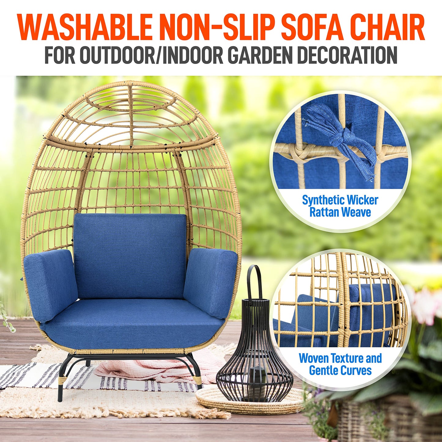 Jovial Wicker Rattan Egg Chair,Indoor Outdoor Blue Sofa Chair for Patio Backyard and Living Room with 4 Cushions and Powder Coated Steel Frame,Woven Texture Contemporary Ribbed Back Design