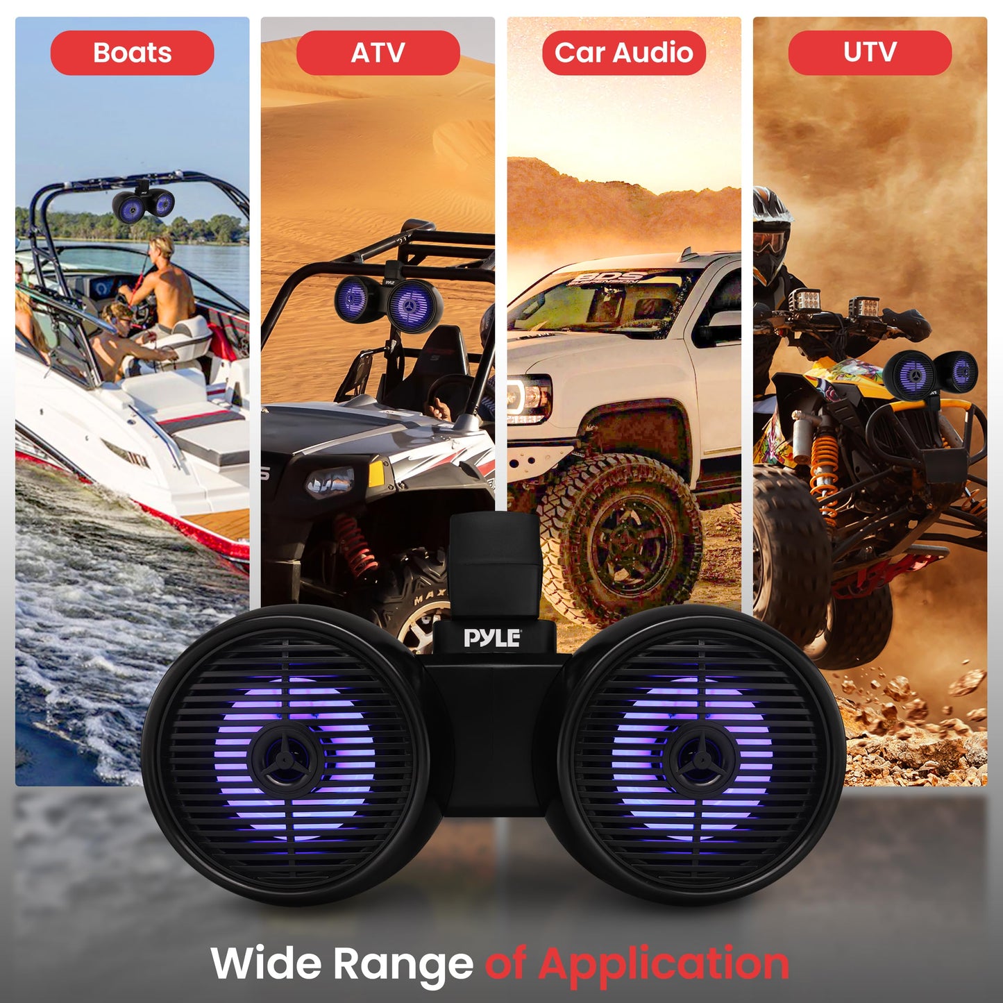 Pyle Dual Bluetooth Off-Road Speakers - 8” 300W 2-Way Marine Waterproof Wakeboard Tower Sound System w/LED Light, Full Range Outdoor Stereo Speaker for Car ATV Jeep Boat, Includes Brackets (Black)