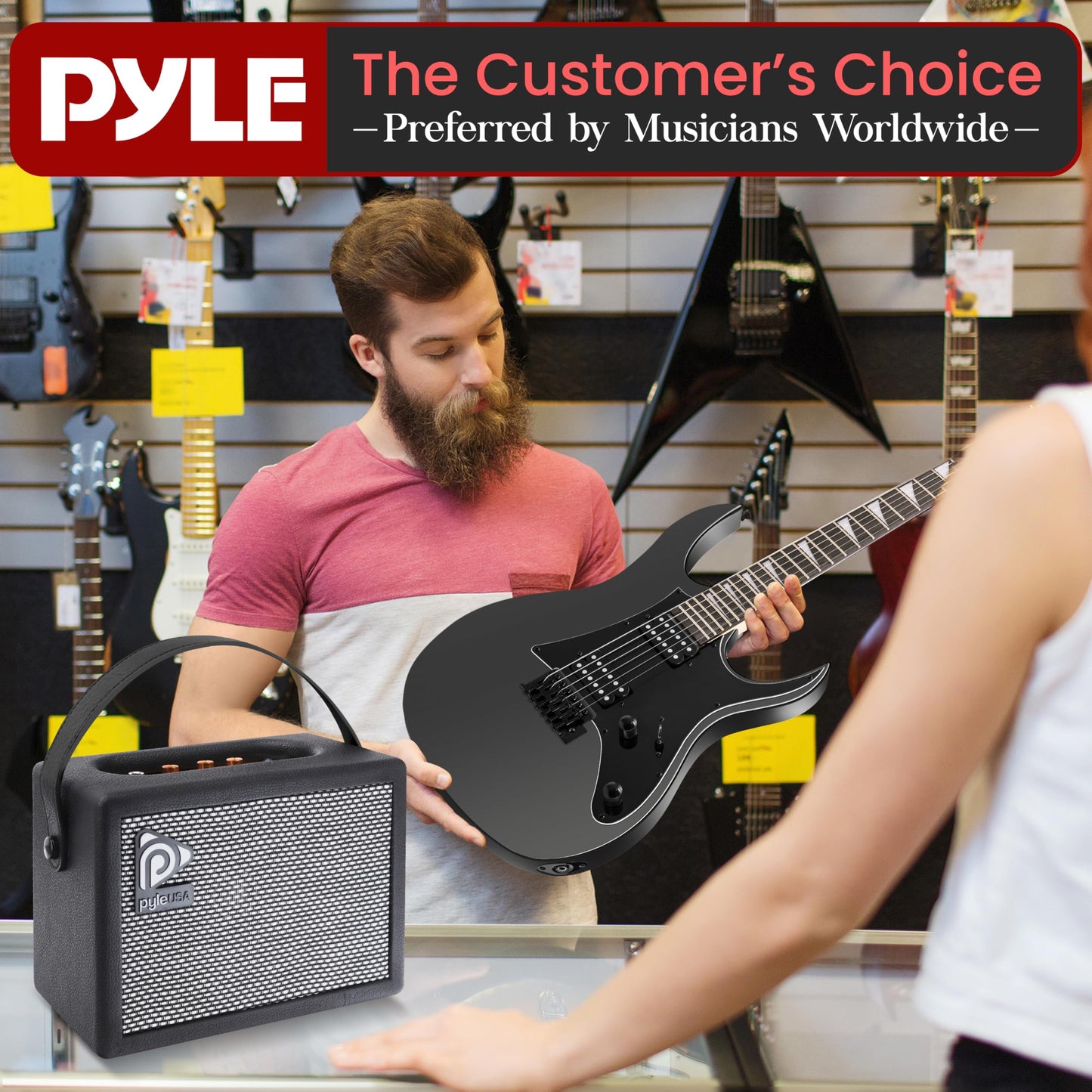 Pyle Prog Rock EG Series Electric Guitar with Amp Kit, 39" Full Size with Dual Humbucker Pickups, Low Profile Neck and Solid Paulownia Body, Premium Accessory Kit Included (Black Matte)