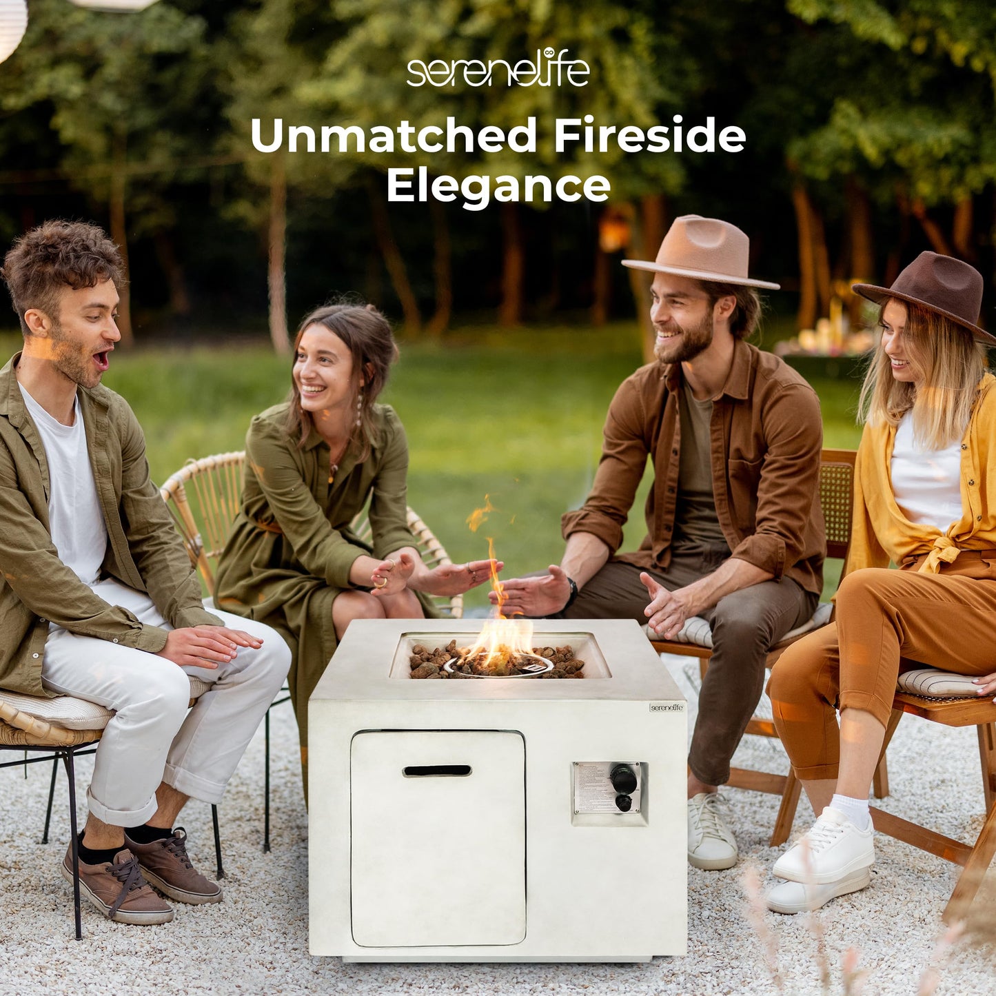 SereneLife Propane Gas Fire Pit Table - 40,000 BTU Outdoor Square Firepit with Lava Rocks, Cover, Adjustable Flame Height, and Weather-Resistant Design - Perfect for Backyard or Patio