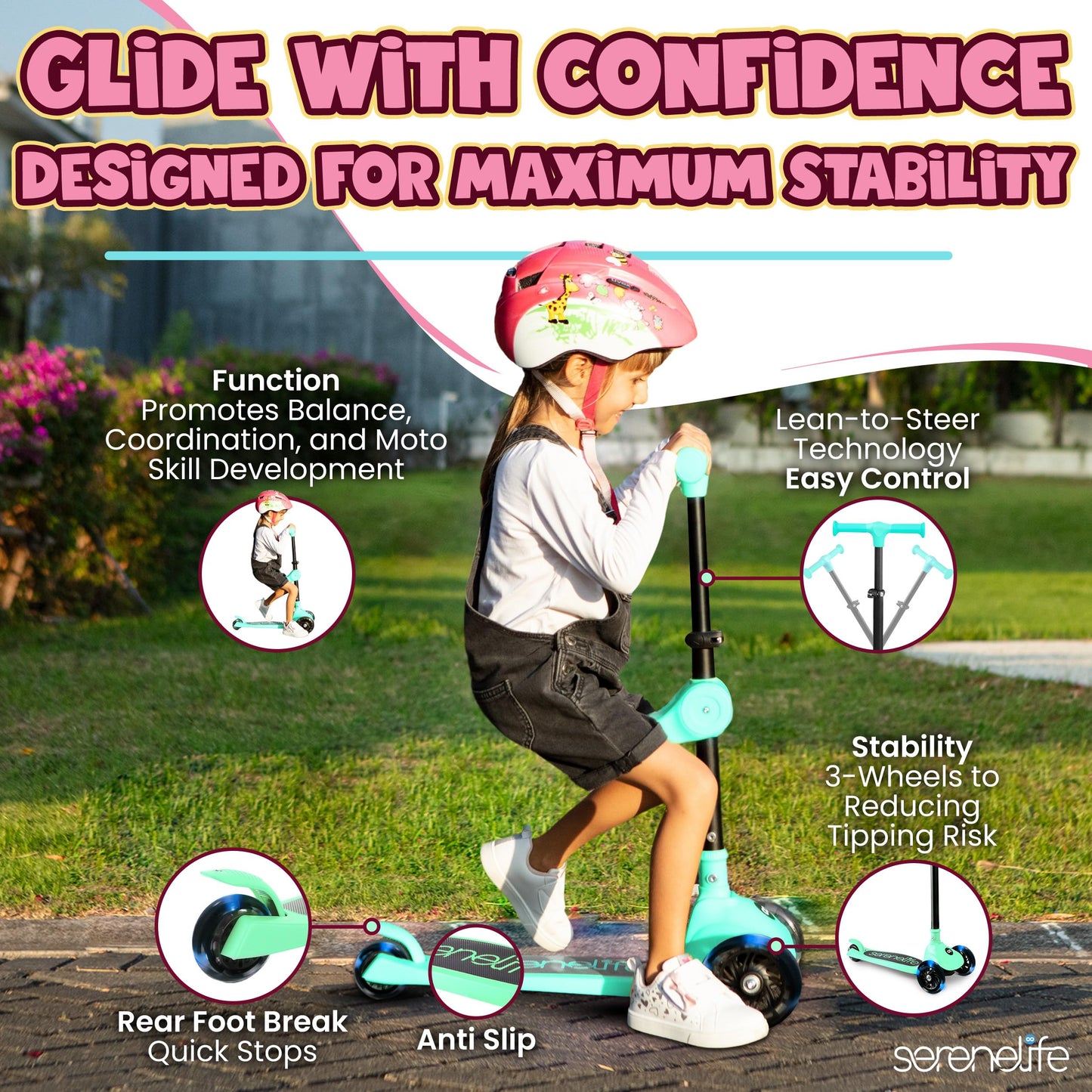SereneLife 3 Wheel Foldable Kids Scooter - Foldable Seat, LED Wheel Lights, Adjustable Handlebar, Rear Foot Brake, Lean-to-Steer, Anti-Slip Deck, Ideal for Toddlers Kids 3+, up to 110Lbs, Mint Green