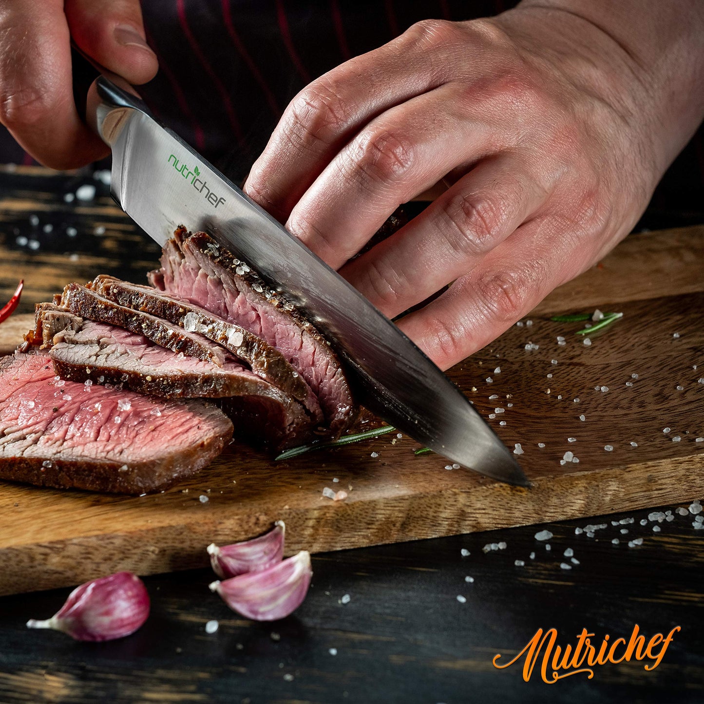 NutriChef 13-Piece Kitchen Knife Set with Wooden Block - Precision Crafted Stainless Steel Knives with Scissors & Built-In Sharpener - Lightweight, Durable, & Razor Sharp - Dishwasher Safe (NCKNS13)