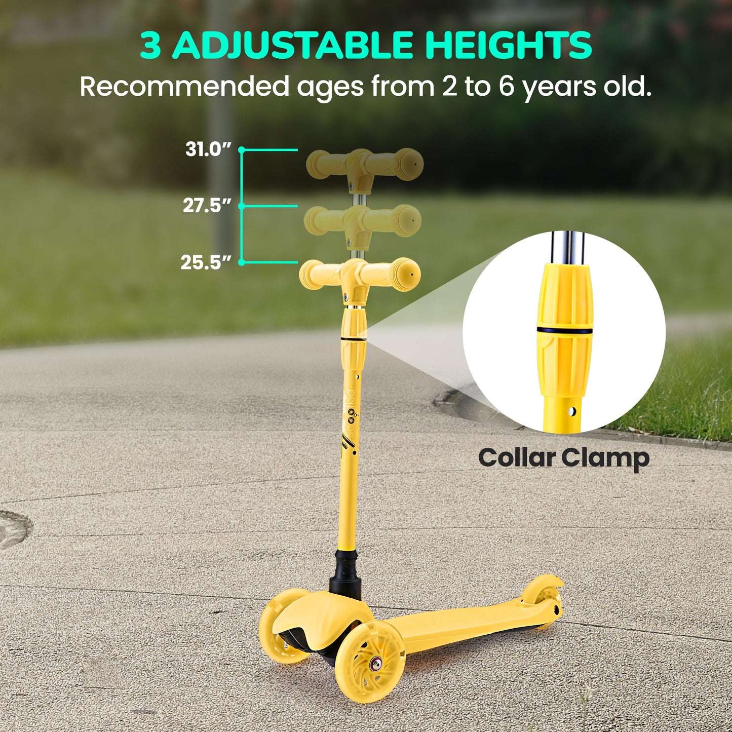Hurtle Mini Kickboard Scooter for Kids - Height Adjustable 25''-28'', Lightweight 3-Wheel with LED Light-up Wheels, Anti-Slip,Indoor/Outdoor Fun, Micro Scooters for Ages 2-5 (Yellow)