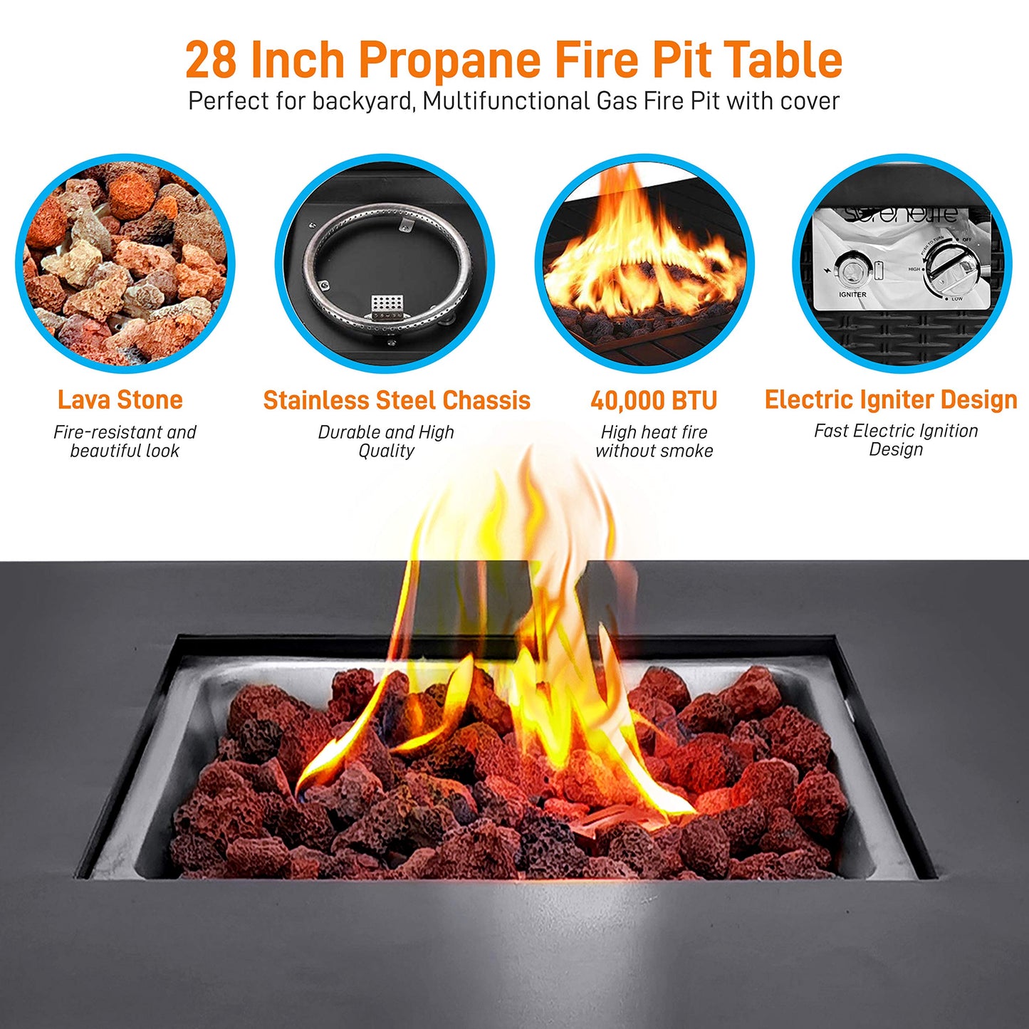 Outdoor Propane Fire Pit Table - CSA Approved Safe 40,000 BTU Pulse Ignition Propane Gas Fire Table - Steel Tabletop, Rattan-Look Steel Panel, 6.6 Lbs Decorative lave Rock Set - SereneLife SLFPS3
