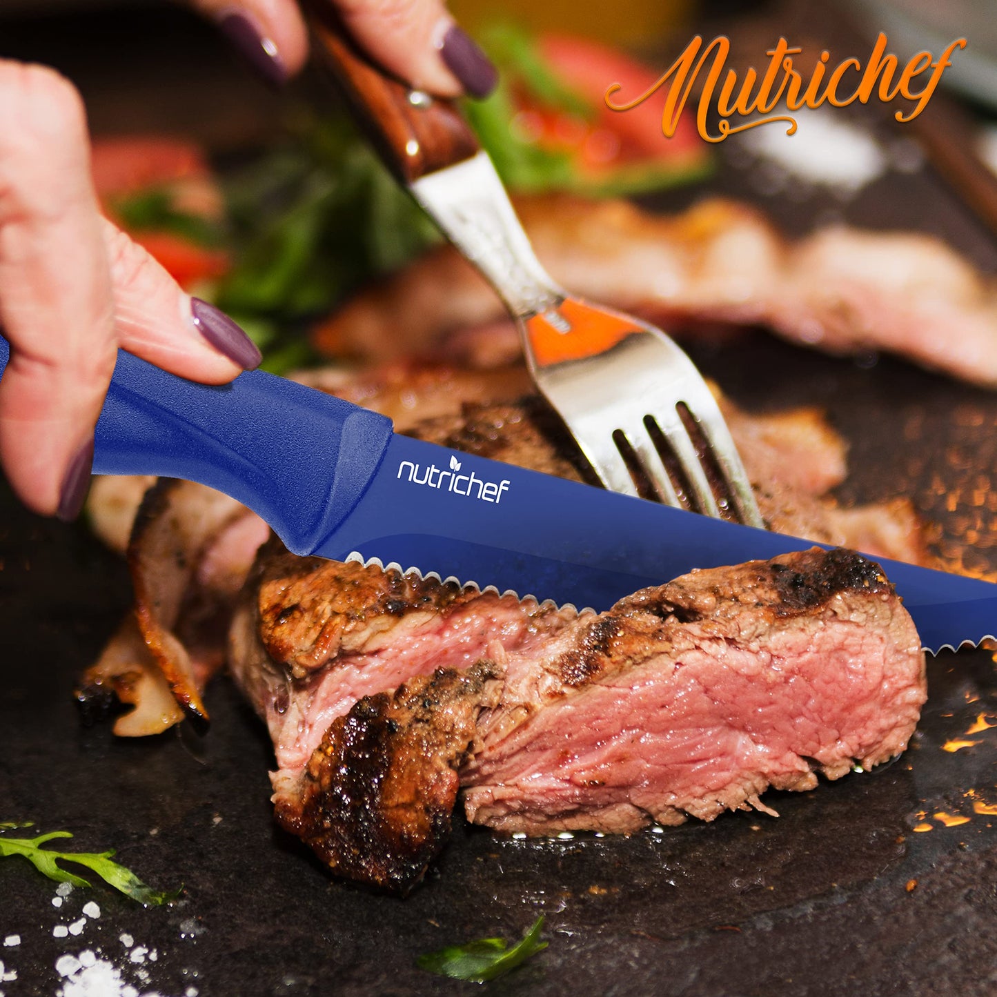 NutriChef 8 Piece Kitchen Knife Set - Multi-purpose Unbreakable Ergonomic Non-stick Stainless Steel Kitchen Steak Knives Set with Fully Serrated Blades - Great for BBQ Grill - NCSK8BU,Blue