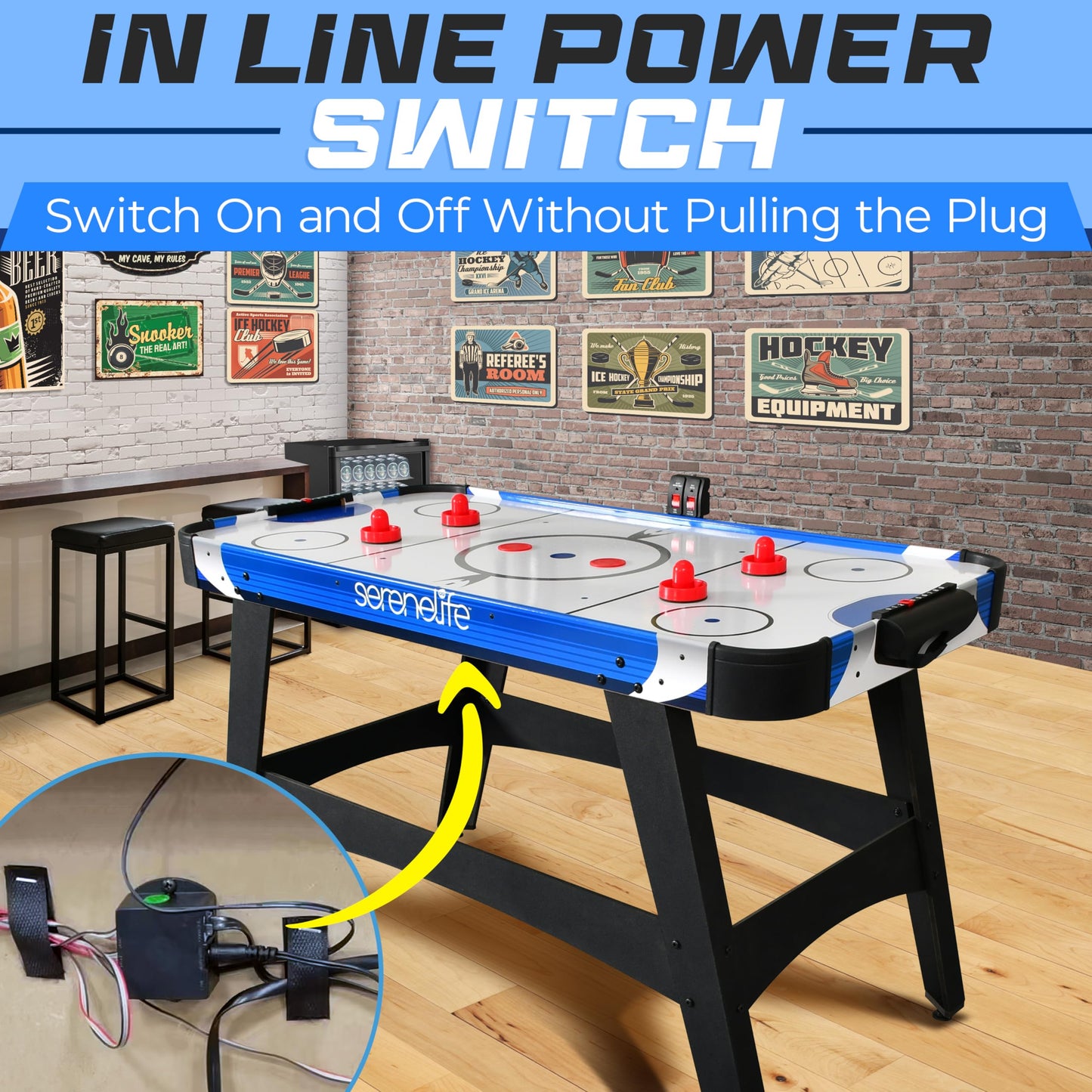 SereneLife 54" Air Hockey Game Table with 2X Stronger Motor, Light-up Scoreboard, AC in Line Power Switch Includes 2 Pucks, 2 Pushers - Blue