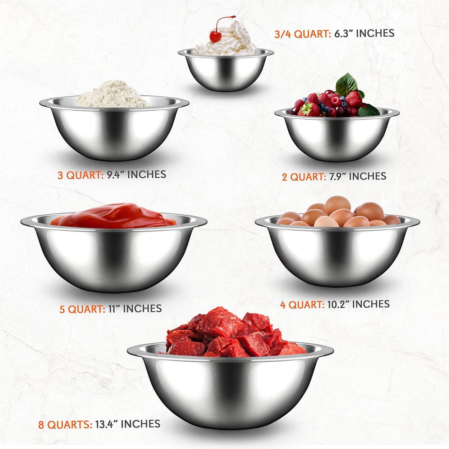 NutriChef 6-Piece Stainless Steel Mixing Bowls - Premium Stackable Nesting Bowls - Kitchen Essentials for Food Prep, Marinating, Mixing Salad, & More - Dishwasher Safe