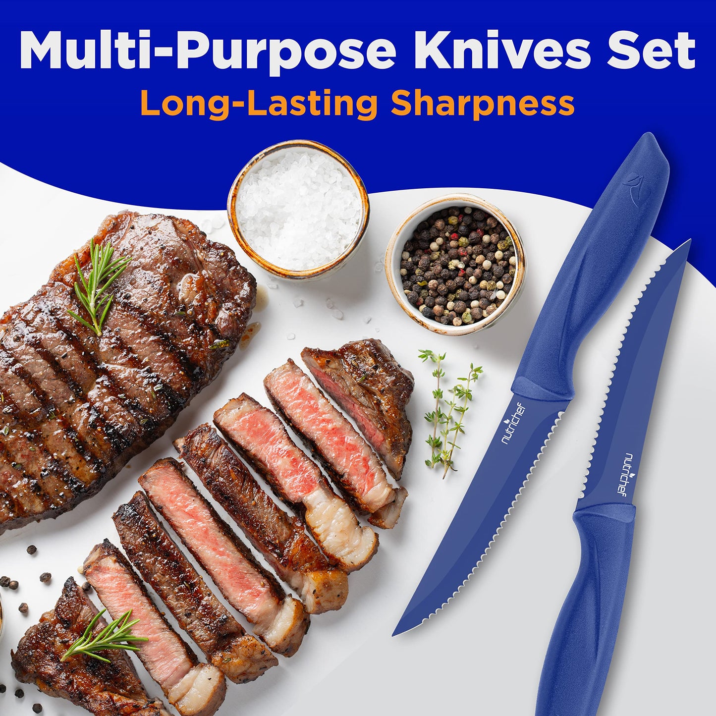 NutriChef 8 Piece Kitchen Knife Set - Multi-purpose Unbreakable Ergonomic Non-stick Stainless Steel Kitchen Steak Knives Set with Fully Serrated Blades - Great for BBQ Grill - NCSK8BU,Blue