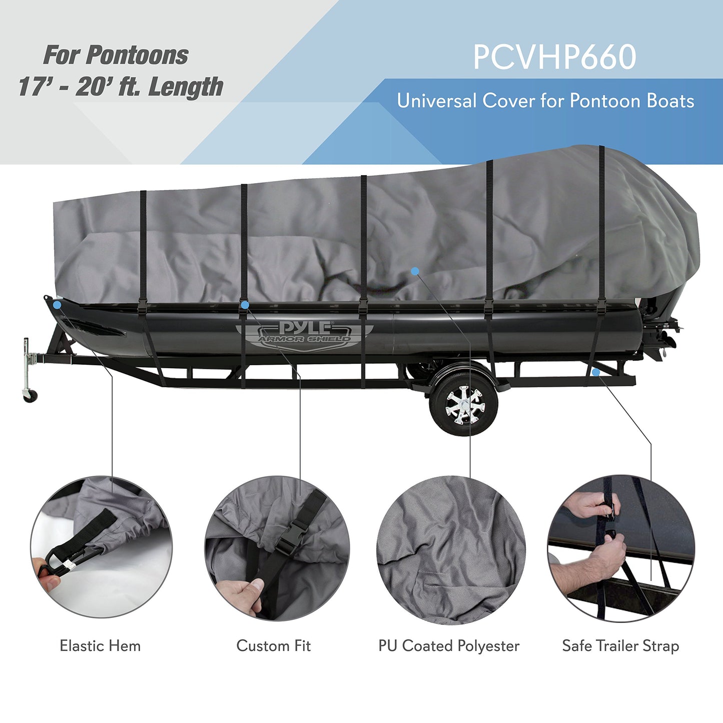 Pyle Protective Storage Boat Cover - Universal Waterproof and Weather Resistant with Sun Damage Protection Armor Shield/Marine Grade Canvas for 17 to 20ft Trailer Pontoon - PCVHP660