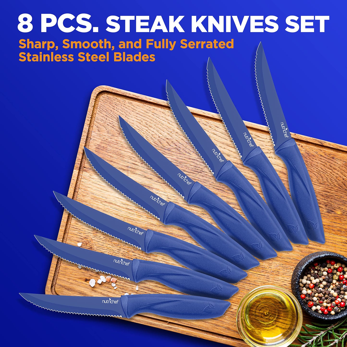 NutriChef 8 Piece Kitchen Knife Set - Multi-purpose Unbreakable Ergonomic Non-stick Stainless Steel Kitchen Steak Knives Set with Fully Serrated Blades - Great for BBQ Grill - NCSK8BU,Blue