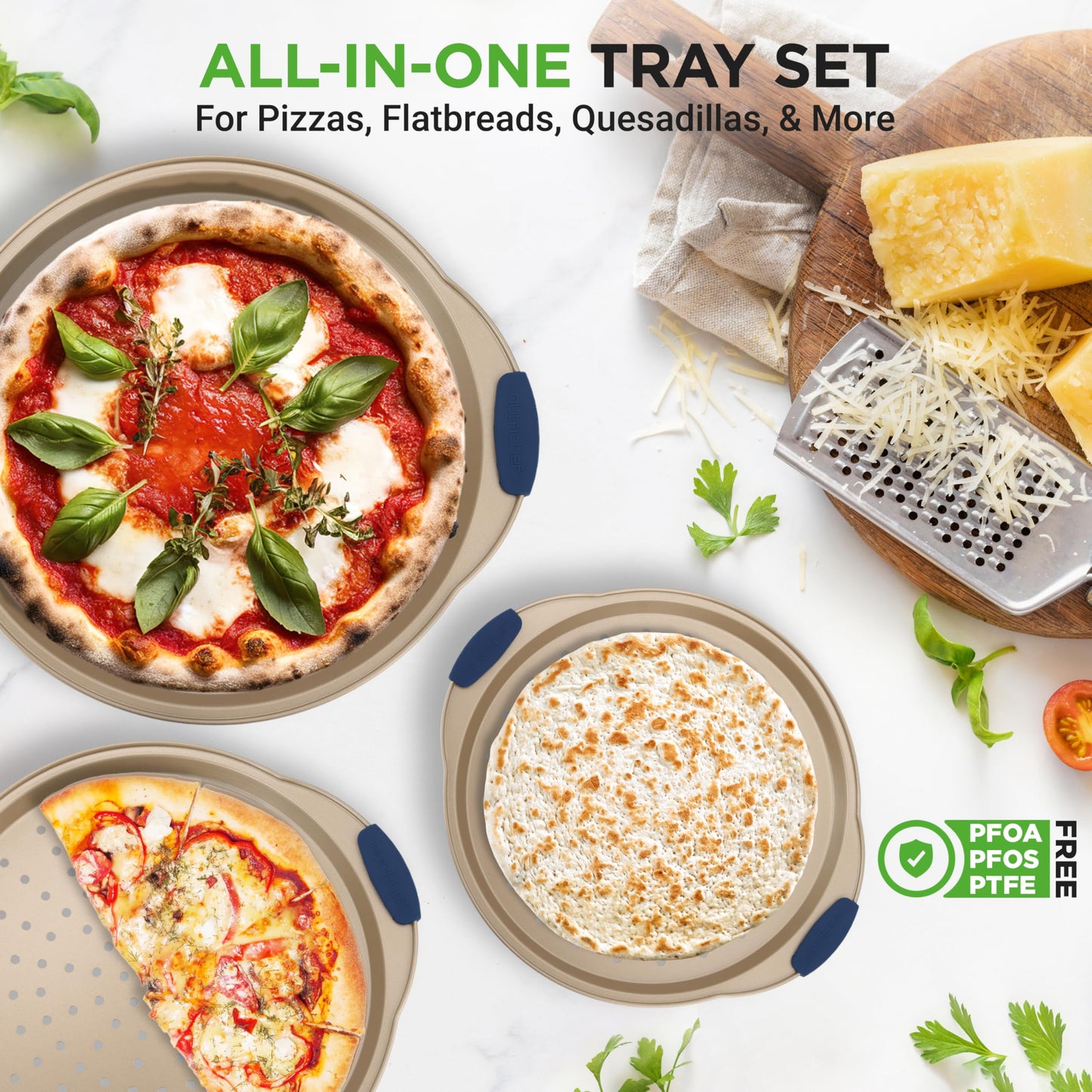 NutriChef 3-Piece Pizza Tray Set with Silicone Handles - Round Nonstick Pizza Pan with Perforated Holes, Durable Carbon Steel, Small, Medium, Large Sizes - Ideal for Crispy, Evenly Baked Pizzas (Gold)