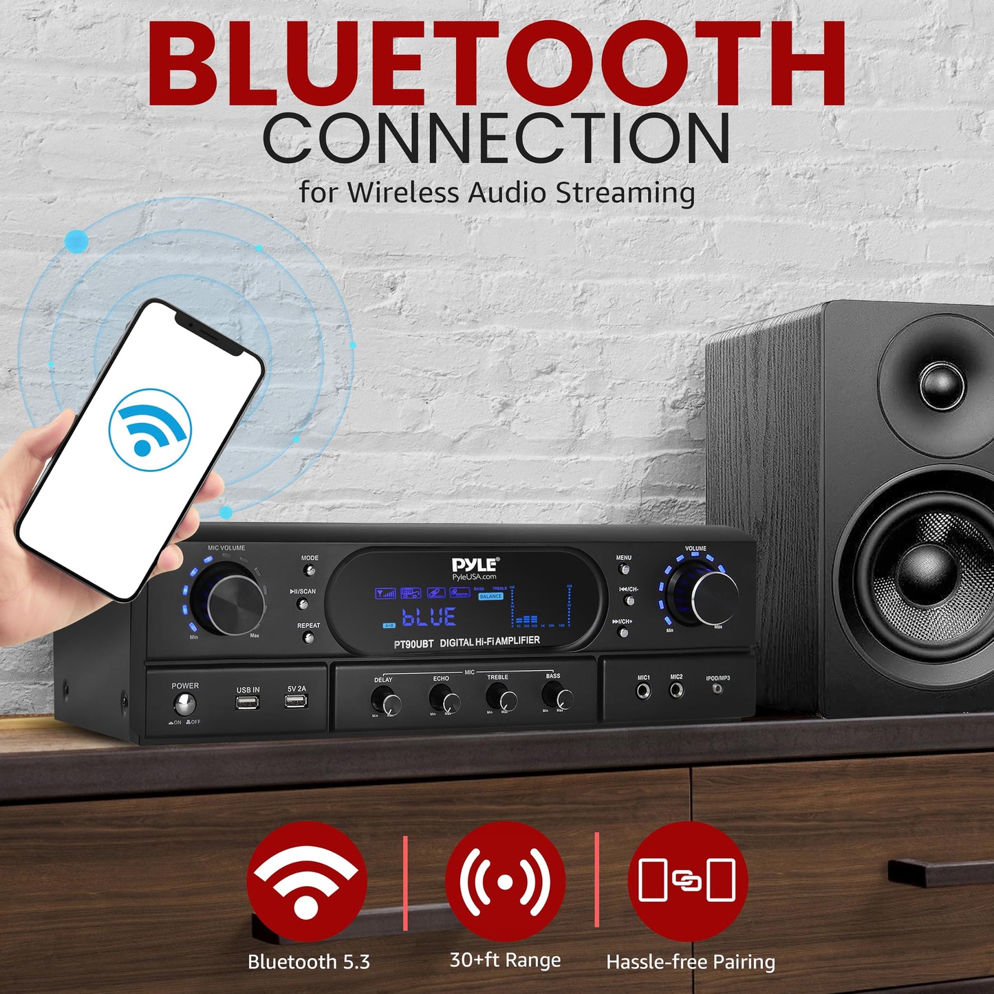 Pyle 500W 2-Channel Home Theater Amplifier Receiver - Bluetooth 5.3 - Wireless - MP3/USB/FM - 2 Mic Inputs with Echo/ Bass/ Treble Controls - RCA In/Out - for Streaming & Karaoke - PT90UBT