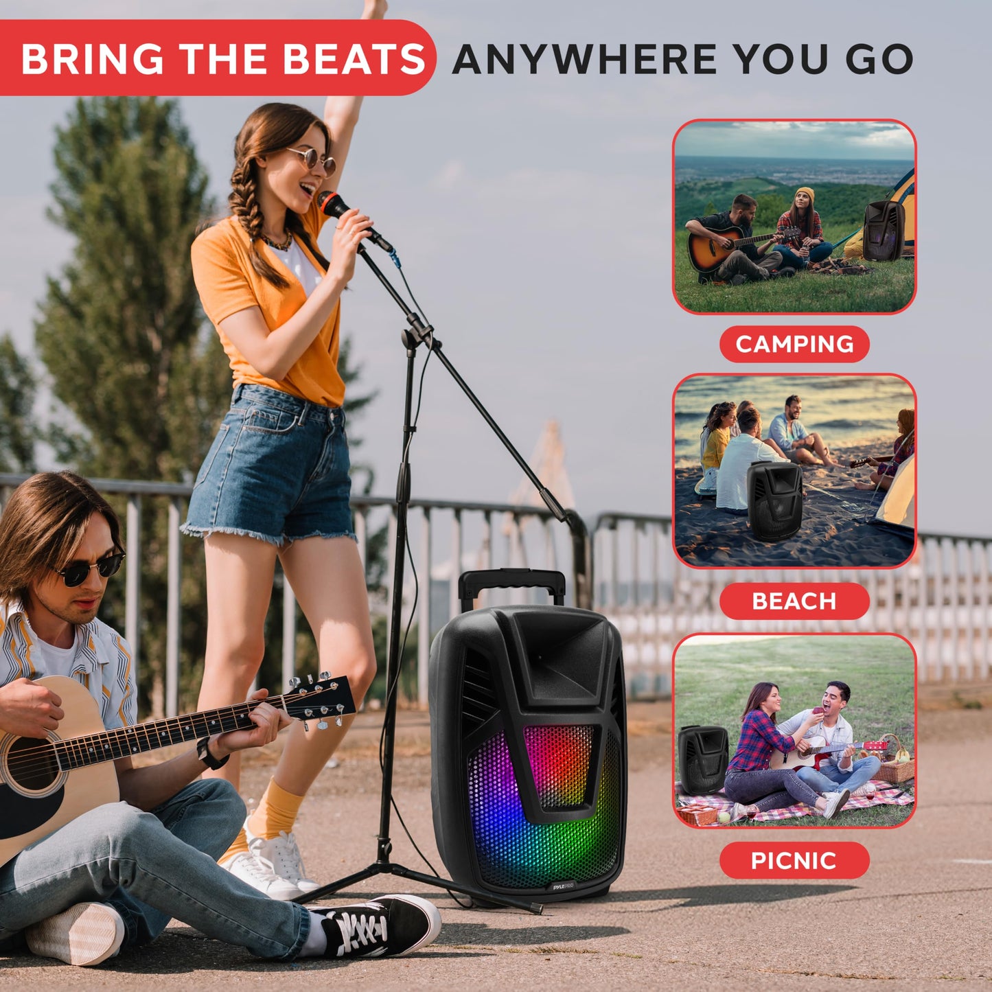Pyle Portable Speaker - 15” 80 Watts Max Power Output Loudspeaker PA System w/ LED Light, Handles, Wheels, & Remote Control, Built-in Digital Amp and Rechargeable Battery