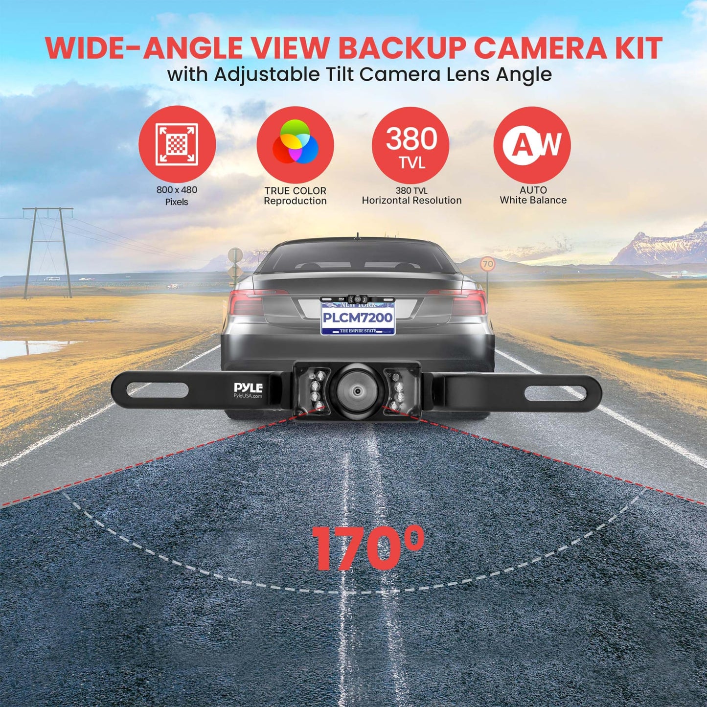 PYLE BACKUP CAR CAMERA, 7" LCD DISPLAY, NIGHT VISION, WATERPROOF, DISTANCE SCALE LINES - COMPLETE SYSTEM WITH ALL NECESSARY CABLES AND WIRING, LICENSE PLATE MOUNTABLE, AUTO SWITCH PAL/NTSC