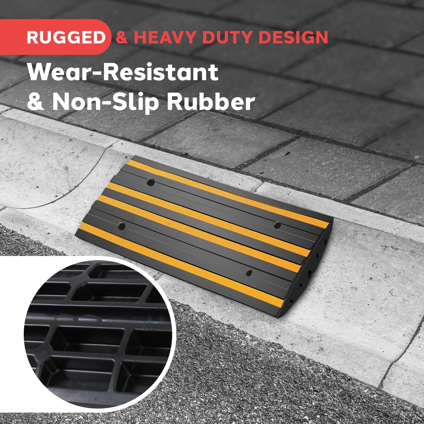 Pyle 2 Ft. Rubber Threshold Curb-Side Ramp - Yellow Reflective Lighting Strip, Pack of 2 Non-Slip Driveway Ramps for Vehicles and Wheelchairs 24.0’’x 16.0’’ x 2.6’’ inches, Expansion Screws Included