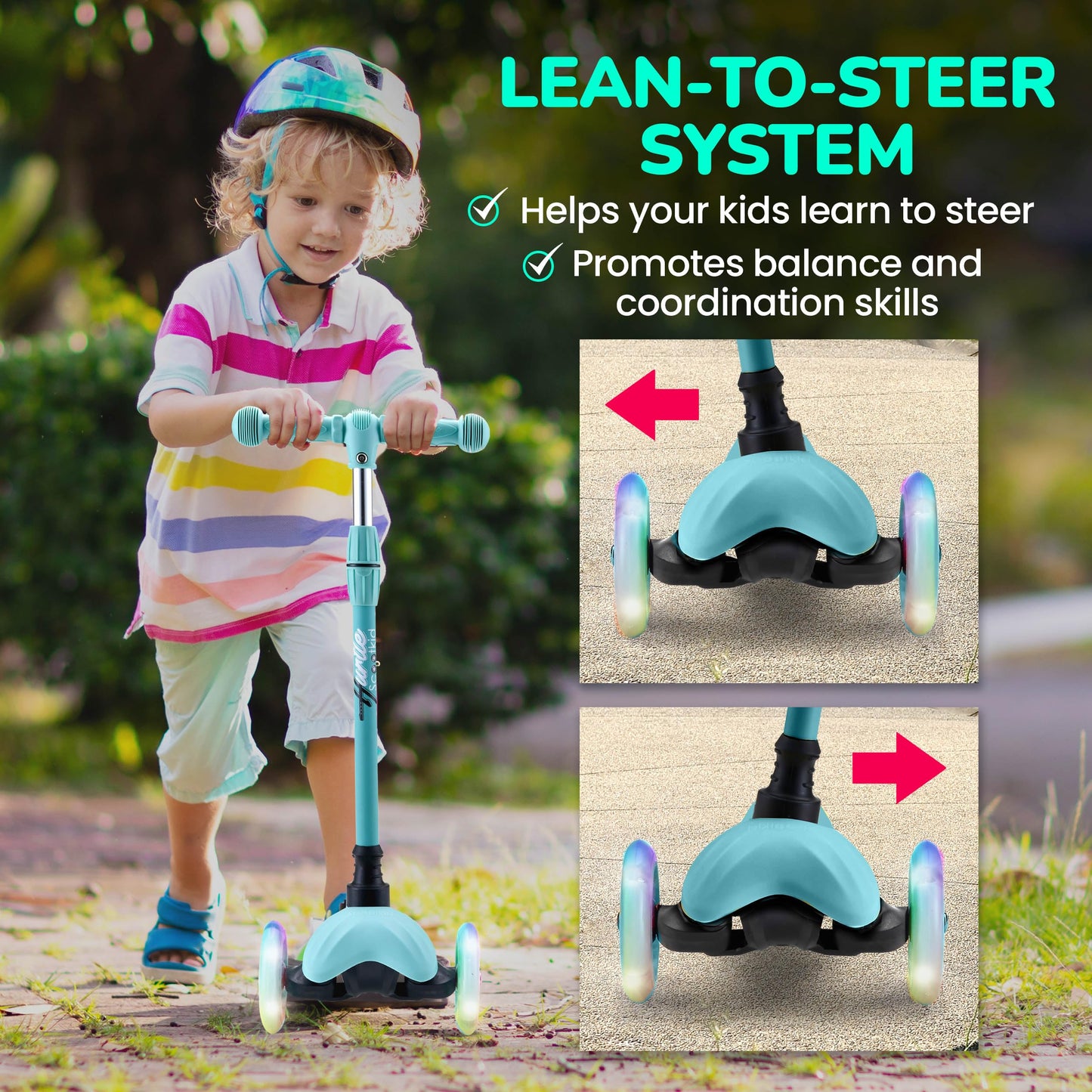 Hurtle Mini Kickboard Scooter for Kids - Height Adjustable 25''-28'', Lightweight 3-Wheel with LED Light-up Wheels, Anti-Slip,Indoor/Outdoor Fun, Micro Scooters for Ages 2-5 (Teal)