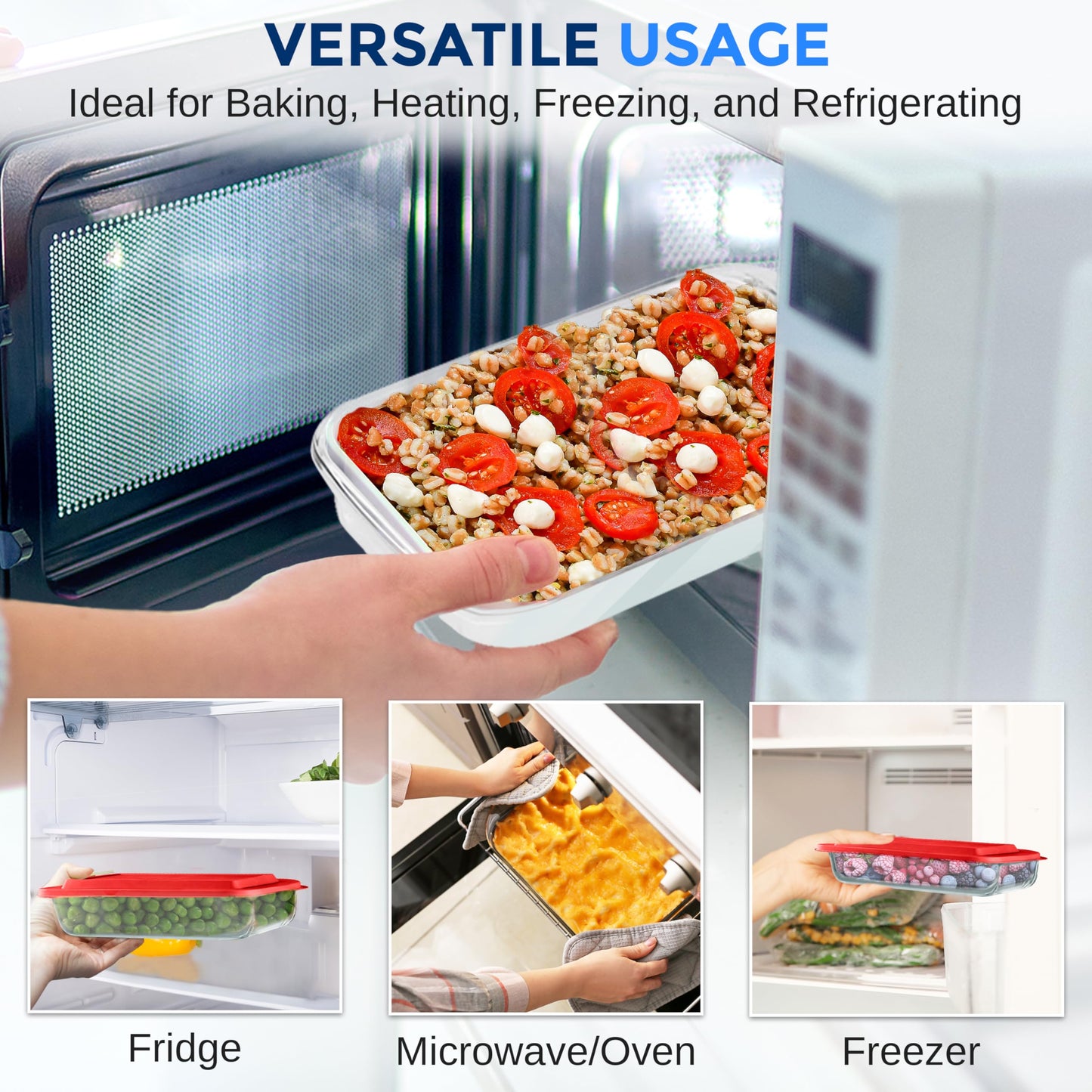 SereneLife 8-Piece Glass Baking Dish with Lids Set - ( 4 Heavy Duty Rectangular Glass Baking Pan with 4 BPA-Free Lids ), Oven-Safe Bakeware for Lasagna, Meats, Desserts - Dishwasher Safe, Red