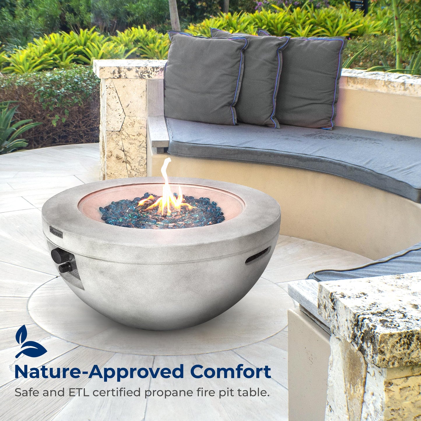 Outdoor Propane Fire Pit Table - CSA/ETL Certified Safe 40,000 Pulse Ignition Weatherproof Round Propane Gas Fire Table - Adjustable Flame, Thermocouple - PVC Cover, Lava Rock - SereneLife SLNFBAL7