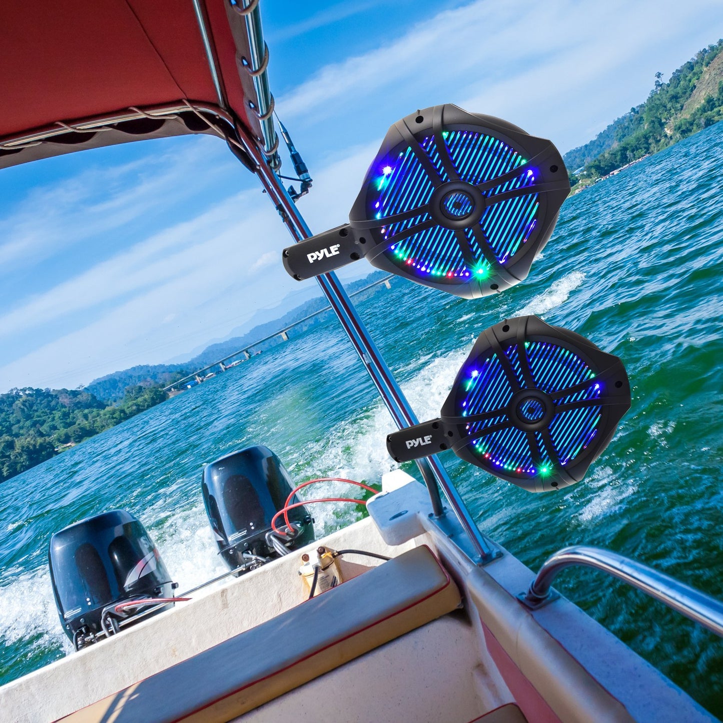 Pyle Waterproof Marine Wakeboard Tower Speakers - 8in Dual Subwoofer Speaker Set and 1”Tweeter,LED Lights and 260 Watt Power -2-way Boat Audio System with Mounting Bracket -1 Pair-PLMRWB85LEB (Black)