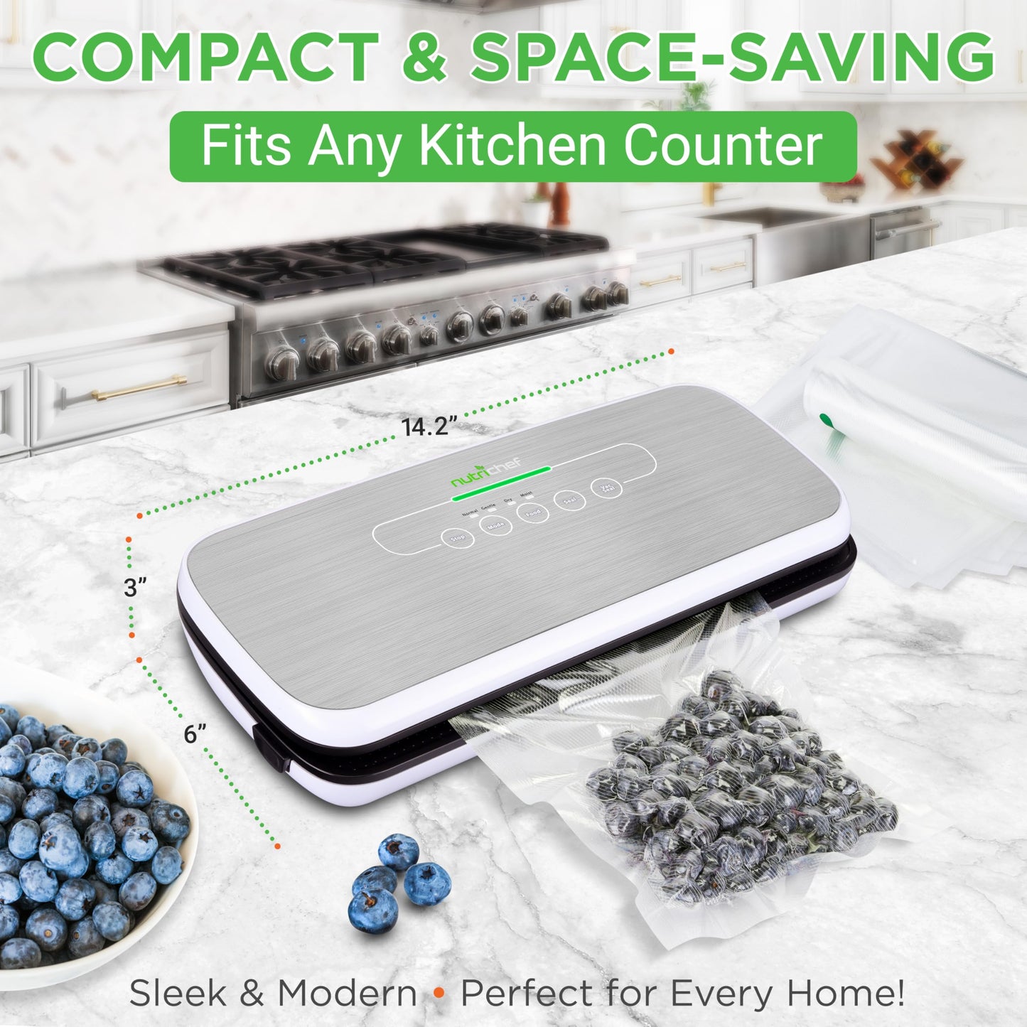 NutriChef Food Vacuum Sealer Machine - Automatic Air Sealing System for Dry & Moist Foods, LED Touch Controls, Includes Vacuum Bags, Hose & Wine Stopper, High Suction Power, 14"x6"x3", Silver