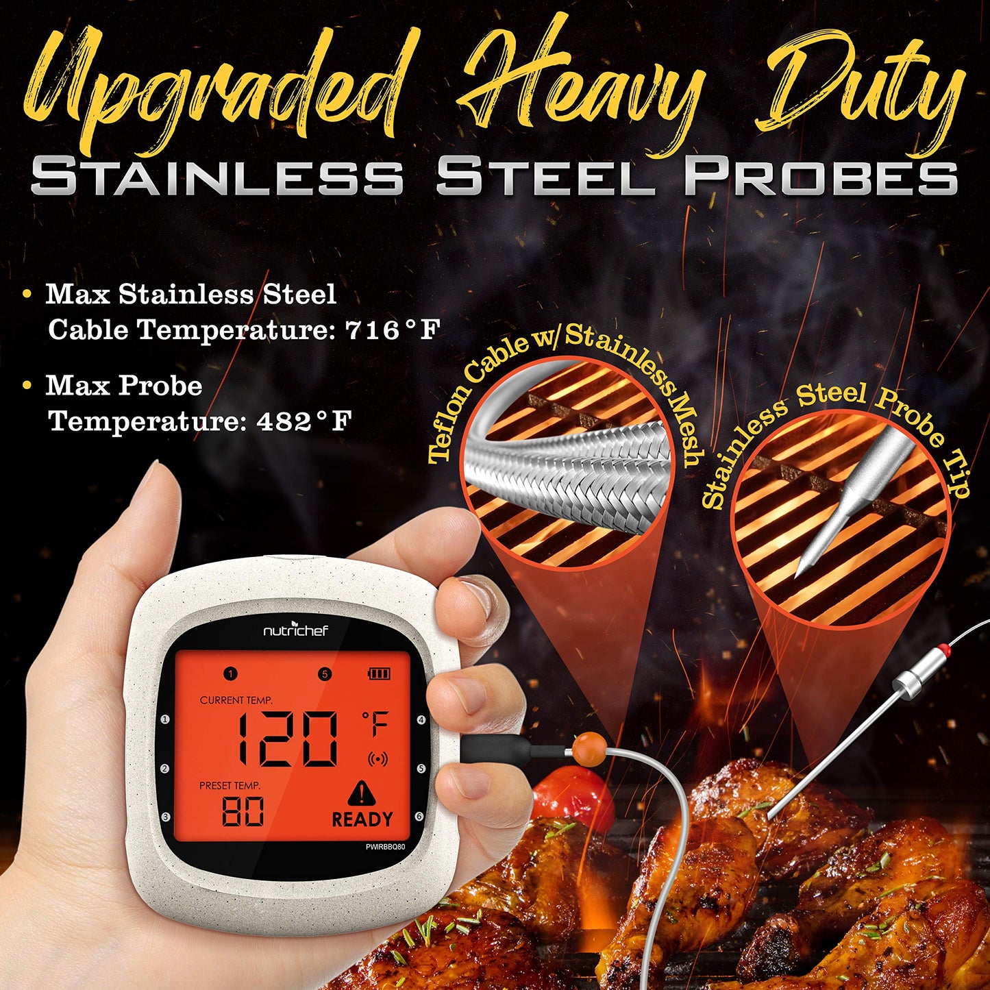 NutriChef Bluetooth Meat Thermometer for Grilling and Smoking, up to 6 Temperature Probes and Smart APP, 400 Ft Range, LCD