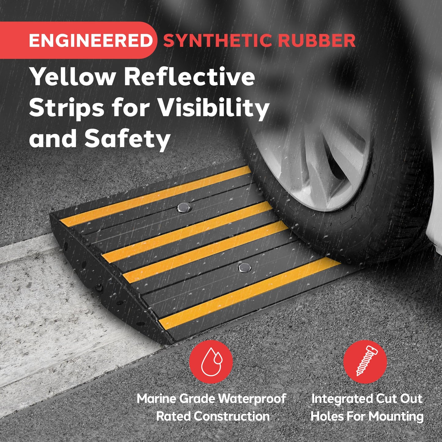 Pyle 2 Ft. Rubber Threshold Curb-Side Ramp - Yellow Reflective Lighting Strip, Pack of 2 Non-Slip Driveway Ramps for Vehicles and Wheelchairs 24.0’’x 16.0’’ x 2.6’’ inches, Expansion Screws Included