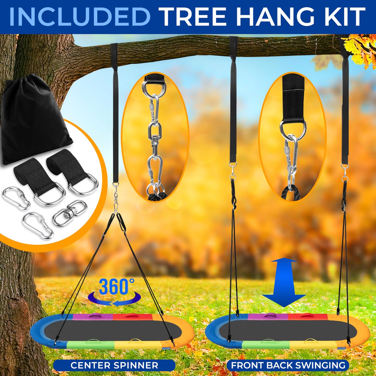 SereneLife 67" Oval Saucer Swing - Giant Outdoor Swing Set with Universal Hanging Kit, Swinging Seat Spinner with Carry Bag, Weatherproof, Water-Resistant, Supports Up to 700 lbs, Rainbow