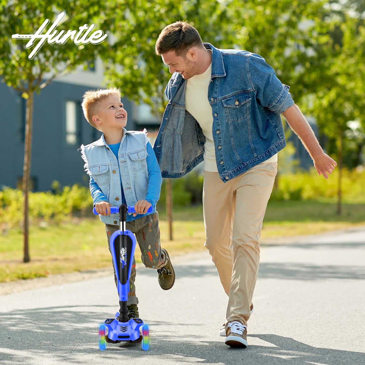 Hurtle 3-Wheeled Scooter for Kids - Wheel LED Lights, Adjustable Lean-to-Steer Handlebar, and Foldable Seat - Sit or Stand Ride with Brake for Boys and Girls Ages 1-14 Years Old - Blue