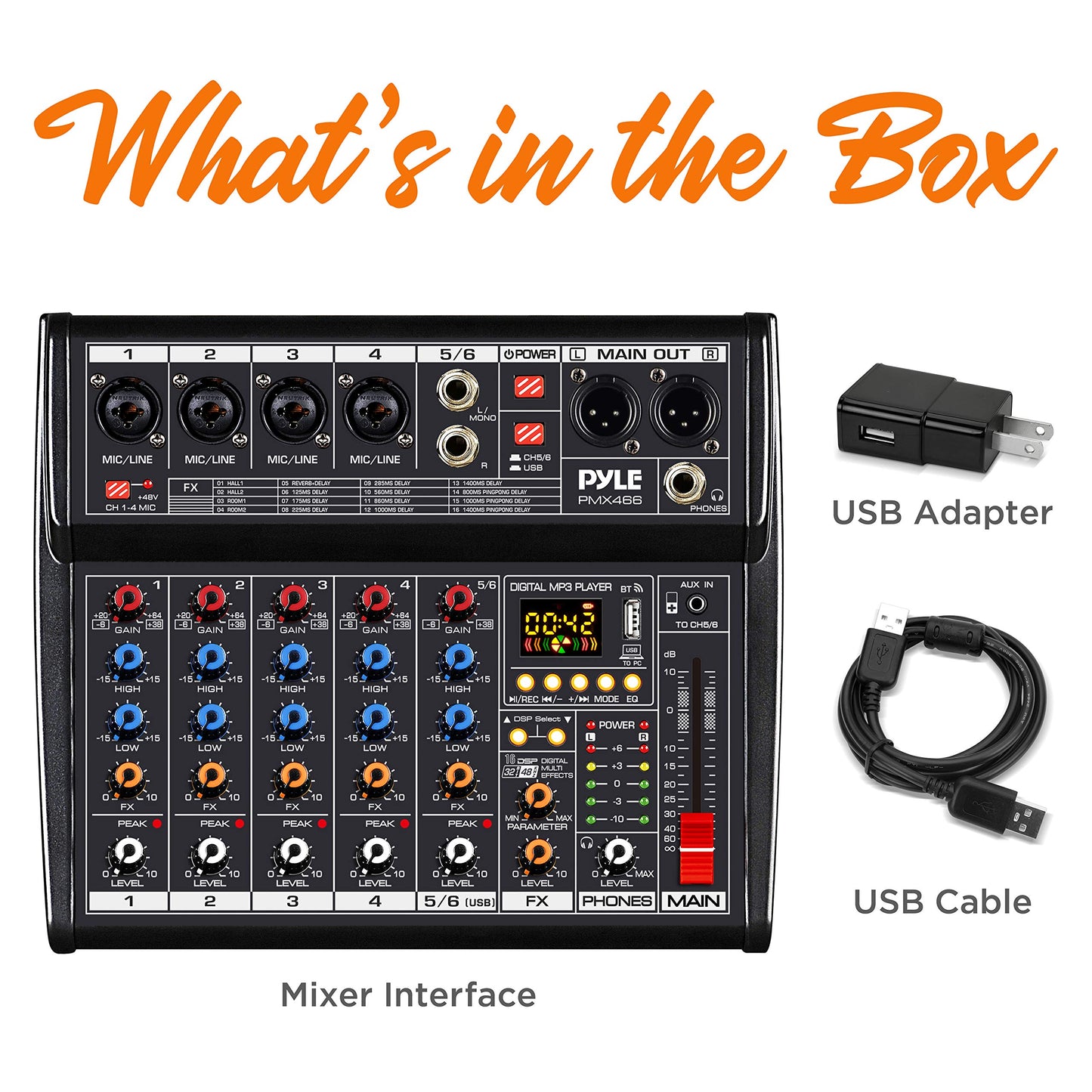 Pyle Professional Bluetooth DJ Audio Mixer - 6-Channel DJ Controller Sound Mixer w/DSP 16 Preset Effects, USB Interface, 4 XLR Mic/Line Input, AUX, FX Processor MP3 Player, Headphone Jack - PMX466