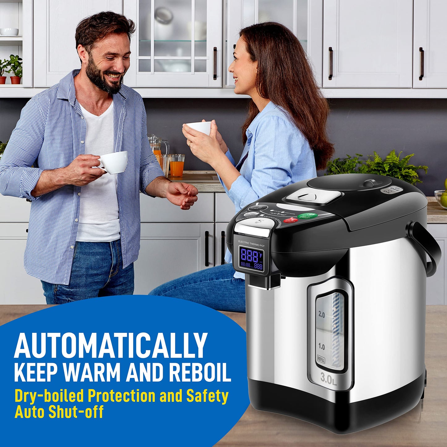 NutriChef Digital Water Boiler and Warmer - 3L/3.17 Qt Stainless Electric Hot Water Dispenser w/ LCD Display, Rotating Base, Keep Warm, Auto Shut Off, Safety Lock, Instant Heating for Coffee & Tea