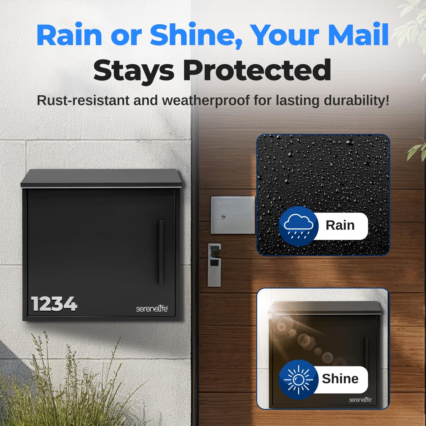 SereneLife Outdoor Wall Mailbox | 0.46 Cubic FT Locking Mailbox | Easy Installation, Secure Lock Mechanism | Ideal for Residential or Commercial Use | Wall Mountable 13.77" x 4.52" x 12.99 | Black