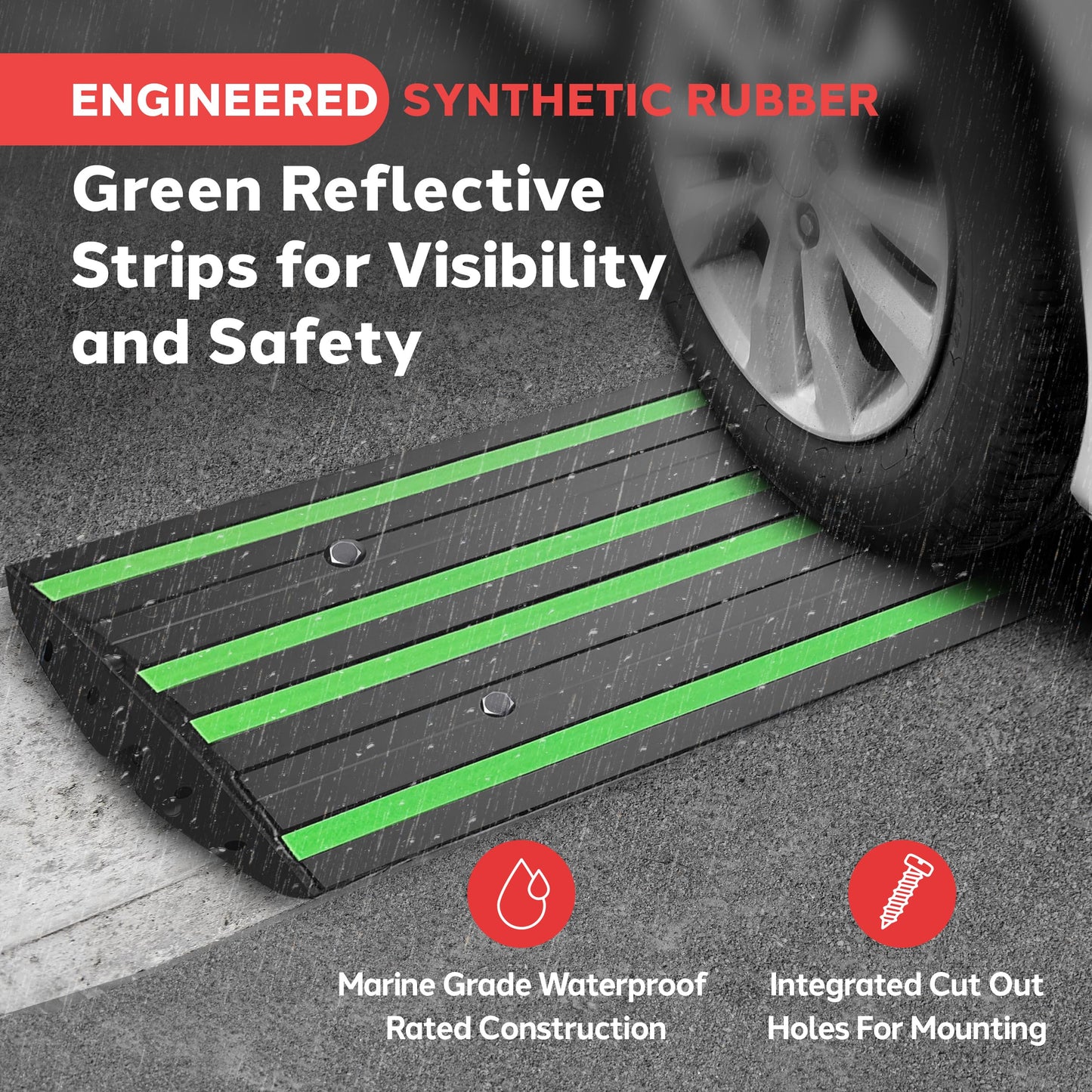 Pyle 4 ft. Rubber Threshold Curb Ramp, Heavy Duty, Non-Slip Car Ramp for Driveways, Garages, and Sidewalks, Green Reflective Strips, Waterproof, with Expansion Screws, 48.0’’x 16.0’’ x 2.6’’ Inch