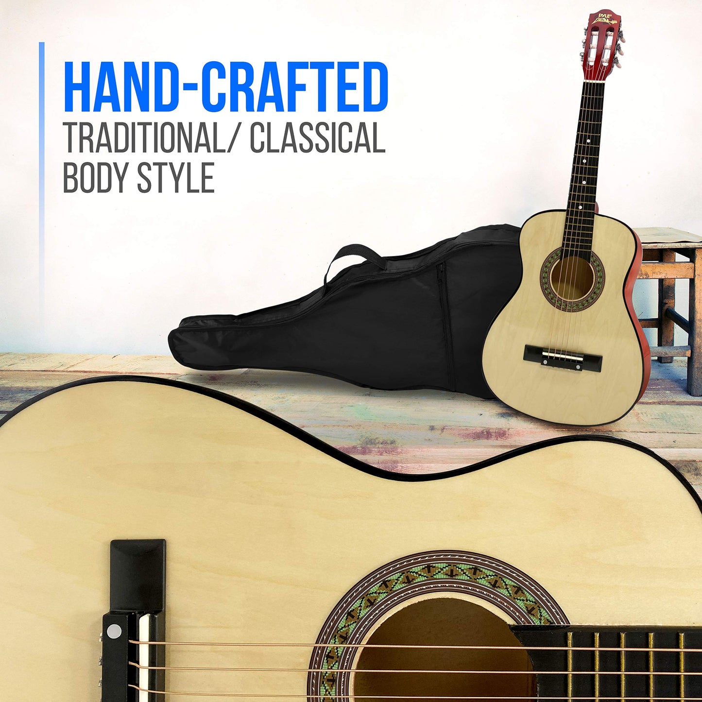 Pyle 30” Classical Acoustic 6 String Linden Traditional Style Guitar w/Wood Fretboard, Case Bag, Nylon Strap, Tuner, 3 Picks-for Beginner, Children Use, Right Handed, (PGAKT30)