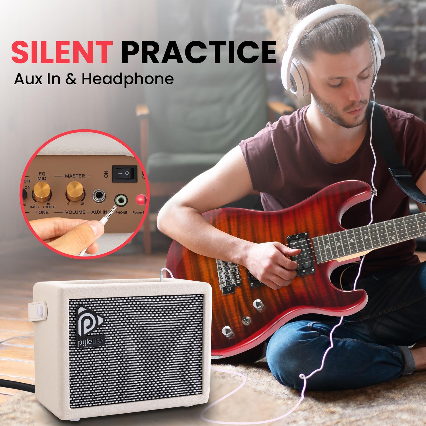 Pyle Portable Electronic Guitar Amplifier - 5'' High-Definition Speaker with Volume, Bass, and Treble Controls | Lightweight Plywood, Gold Plate, and Leather Coating for Enhanced Sound Quality