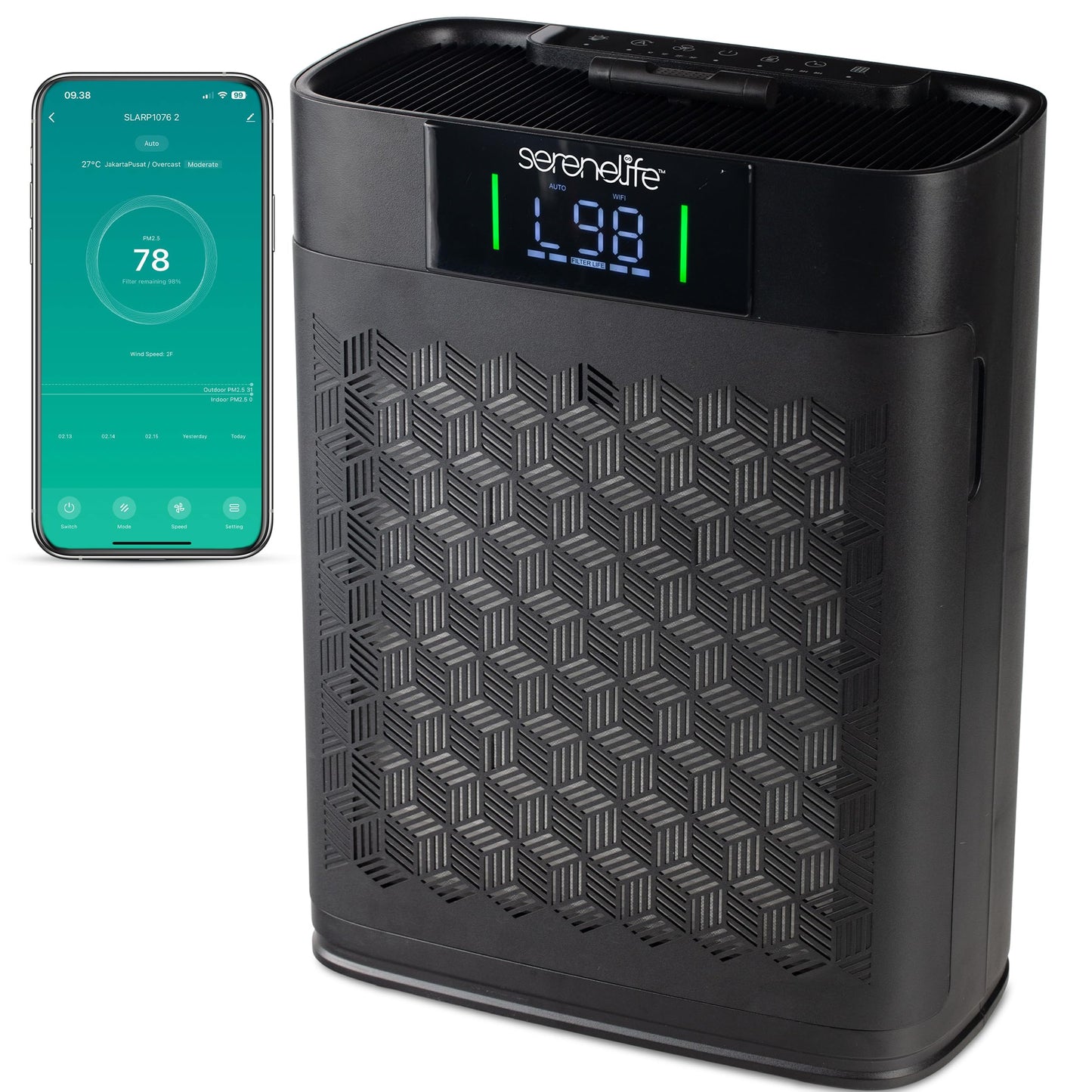 SereneLife HEPA Air Purifier for Home – Smart WiFi & App Control, Ultra-Quiet Air Purifier for Bedrooms & Large Rooms, Removes Dust, Pet Hair & Odors, Ideal for Pets & Allergies (1,076 Sq Ft, Black)
