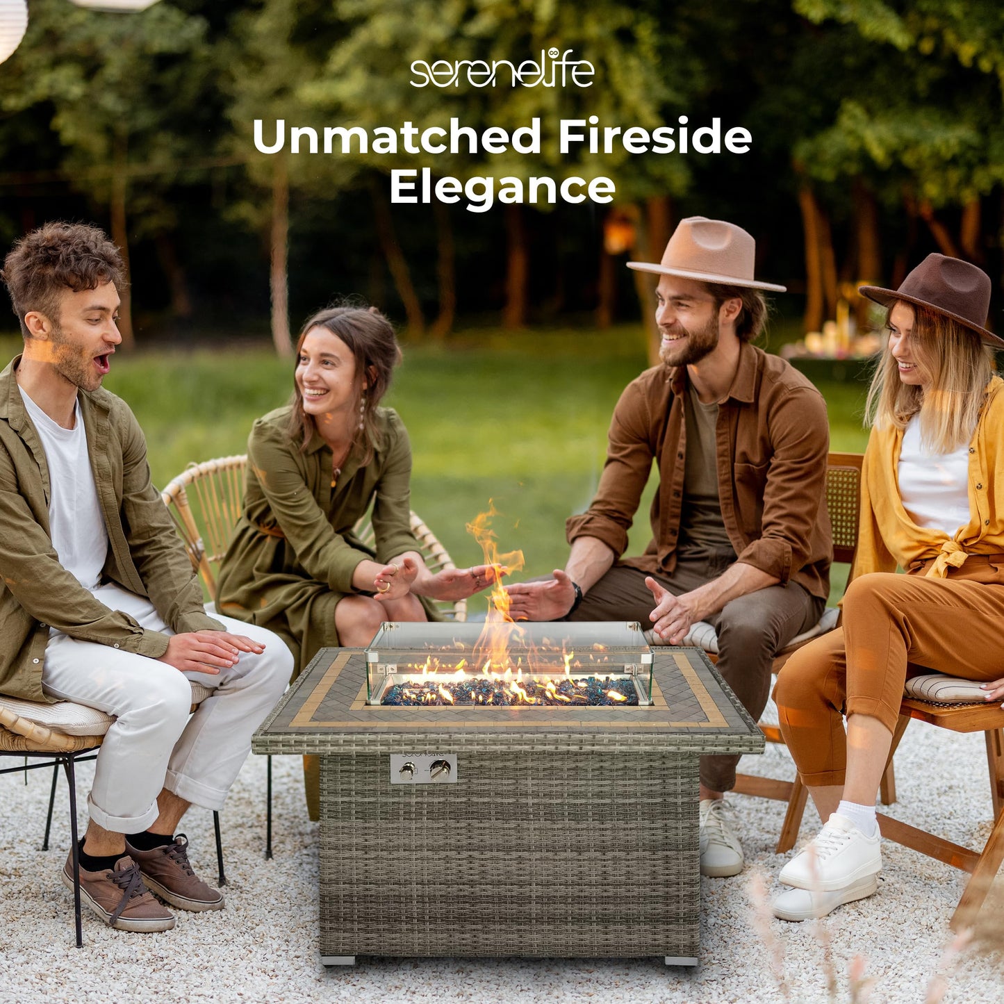 SereneLife Outdoor Propane Fire Pit Table- 50,000 BTU Auto-Ignition Gas Fire Pit w/Glass Wind Guard, Mosaic Tiles Tabletop & Clear Glass Rock for Outdoor Cooking & Grilling