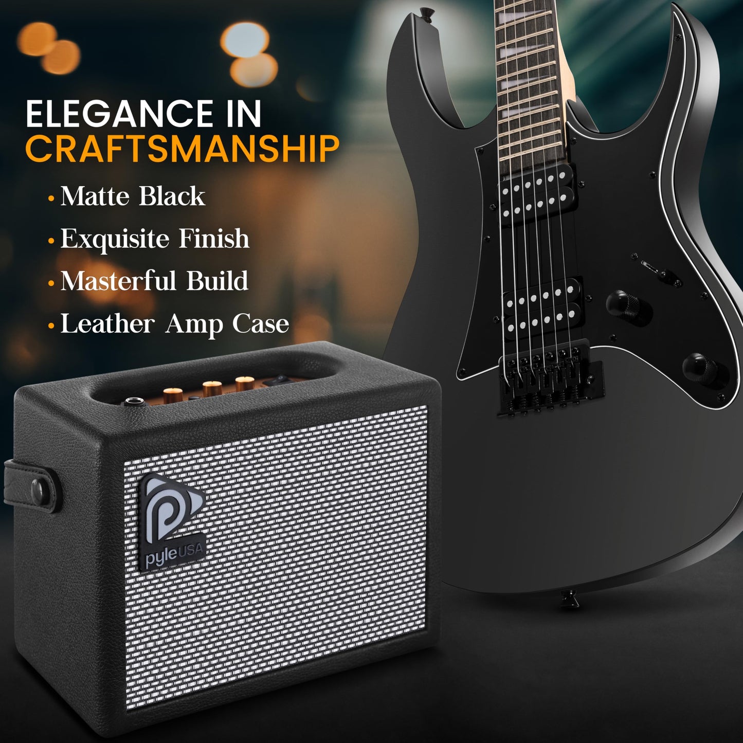 Pyle Prog Rock EG Series Electric Guitar with Amp Kit, 39" Full Size with Dual Humbucker Pickups, Low Profile Neck and Solid Paulownia Body, Premium Accessory Kit Included (Black Matte)