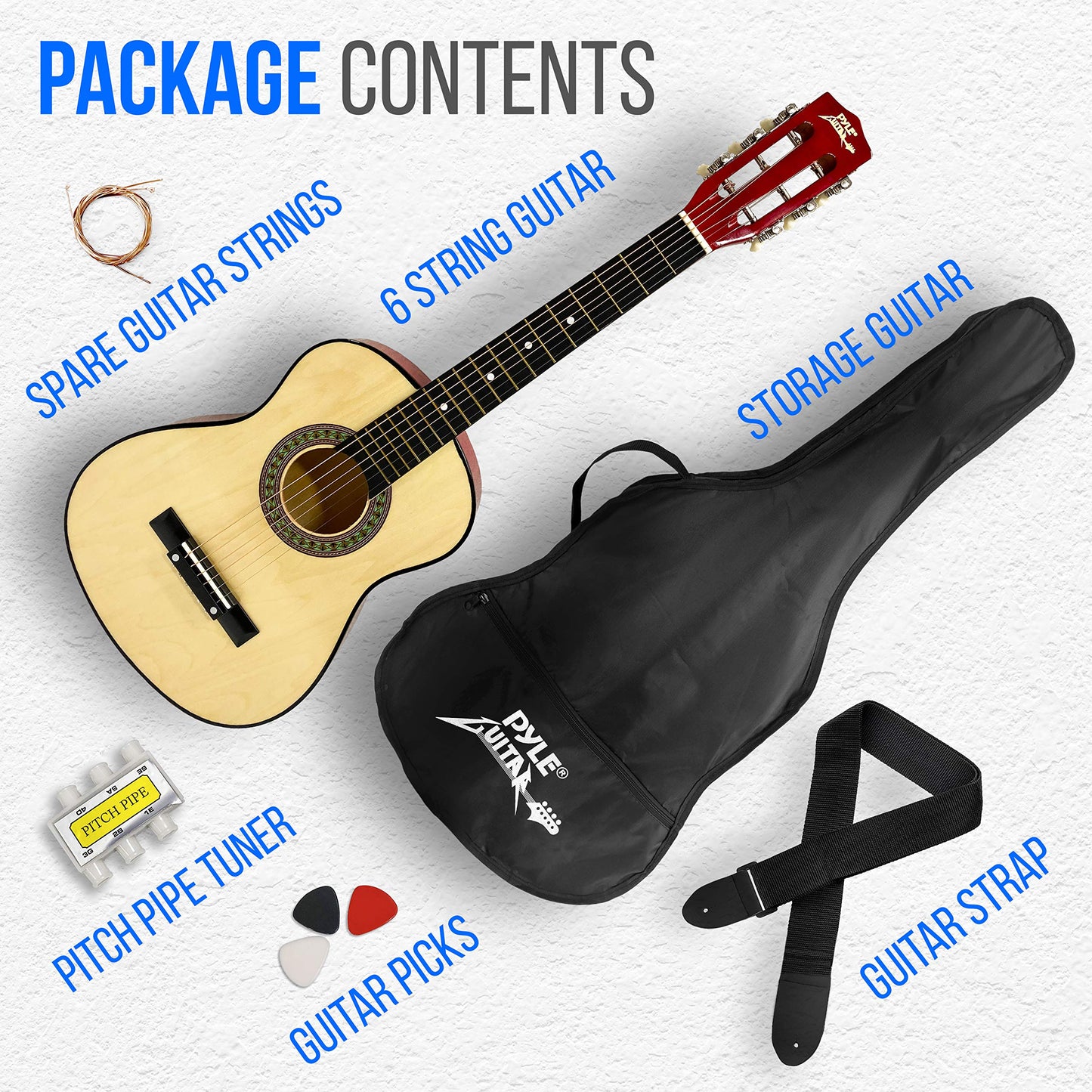 Pyle 30” Classical Acoustic 6 String Linden Traditional Style Guitar w/Wood Fretboard, Case Bag, Nylon Strap, Tuner, 3 Picks-for Beginner, Children Use, Right Handed, (PGAKT30)