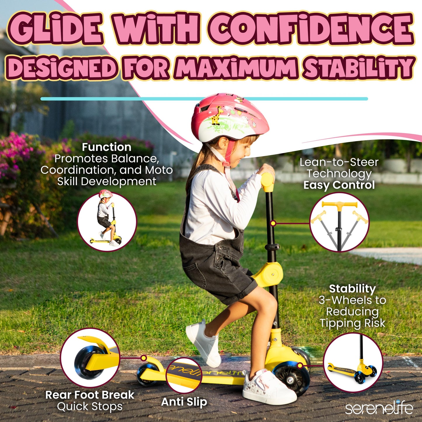 SereneLife 3 Wheel Foldable Kids Scooter - Foldable Seat, LED Wheel Lights, Adjustable Handlebar, Rear Foot Brake, Lean-to-Steer, Anti-Slip Deck, Ideal for Toddlers Kids 3+, up to 110Lbs, Yellow