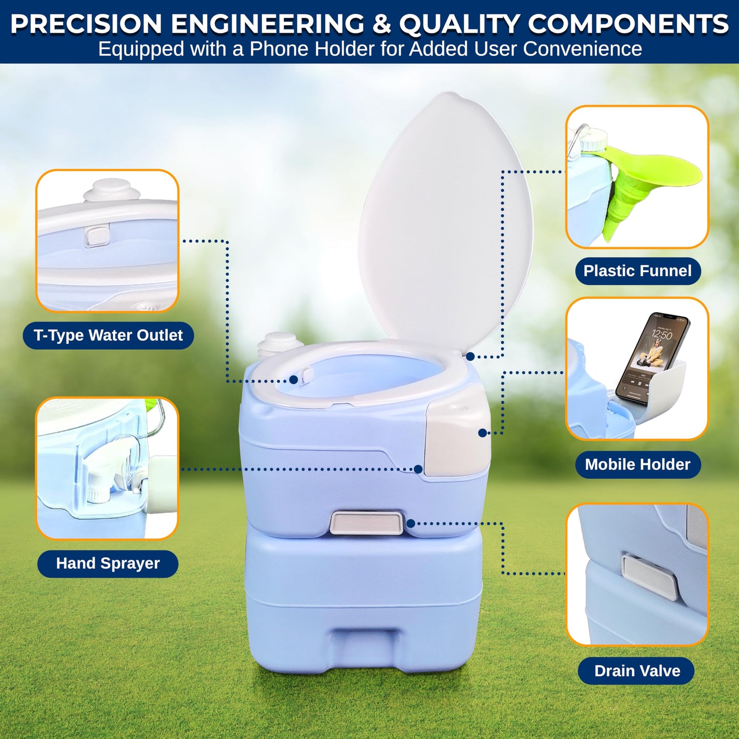 SereneLife 5.2 Gallon Portable Camping Toilet, 120 Flushes with Plastic Funnel, Hand Spray, Diagonal Seat and Mobile Holder, Portable Potty for Camping, Hiking, RoadTrip, Car, Tent