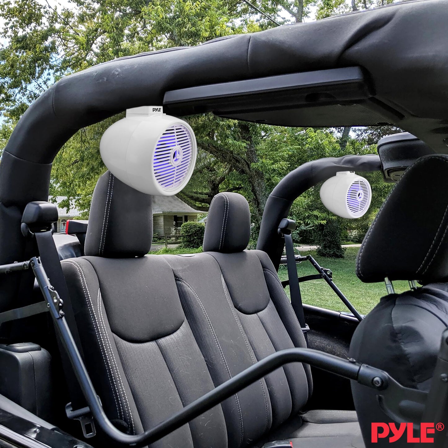PyleUsa 6.5” Waterproof Off-Road Speakers - 200W 2-Way Marine Wakeboard Tower Sound System w/ LED Light, Full Range Outdoor Stereo Speaker for Car, ATV, UTV, Jeep, Boat, Includes Brackets (White)