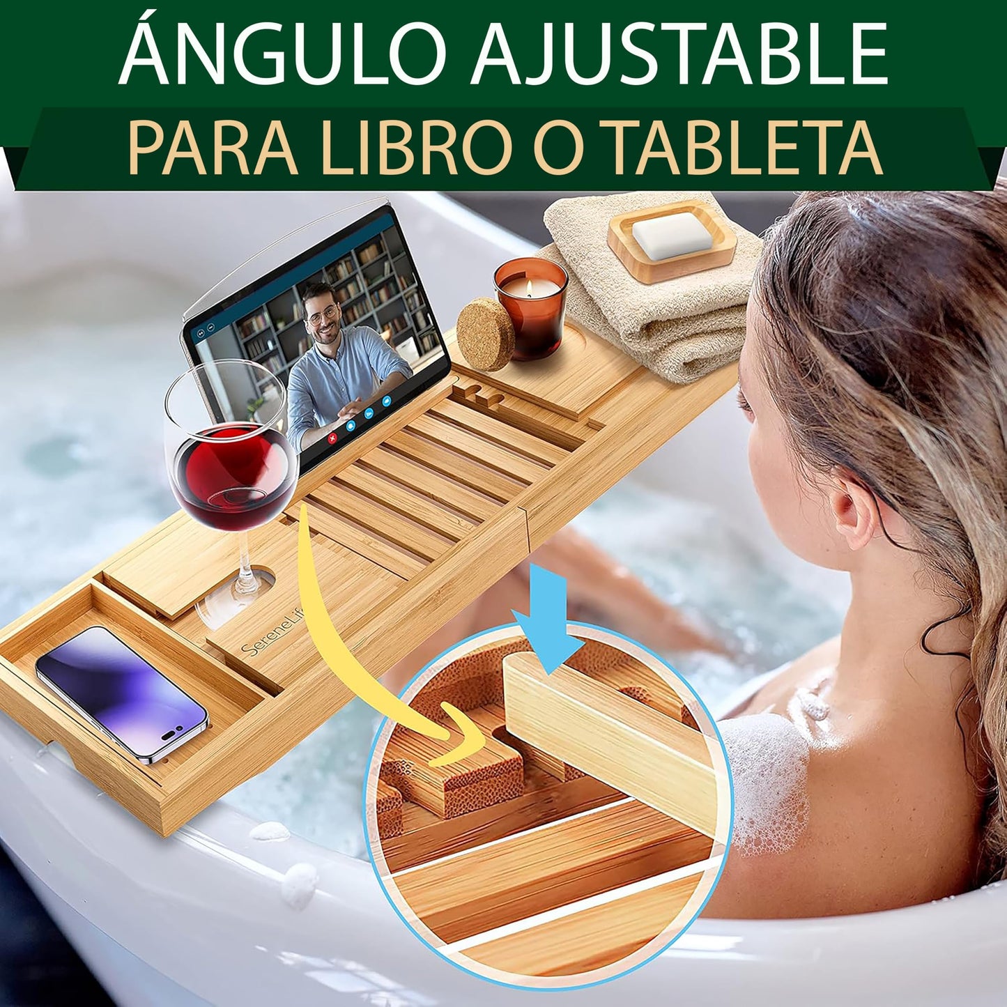 SereneLife Bamboo Bathtub Caddy with Luxury Gift Box and Red Gifting Ribbon Extendable & Adjustable Tray with Device/Book Holder with Removable Trays for Bath Accessories (Natural)