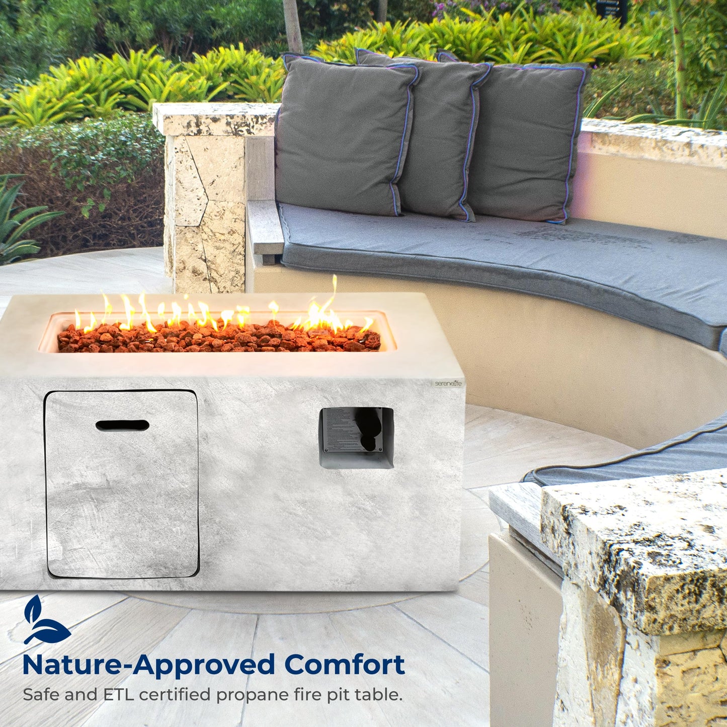 Serenelife Fire Pit Table - 50,000 BTU Propane Gas Fire Pit with Adjustable Flame & Stainless Steel Burner, Weather Resistant, Easy Propane Access, Perfect for Parties & BBQs with Elegant Lava Rock