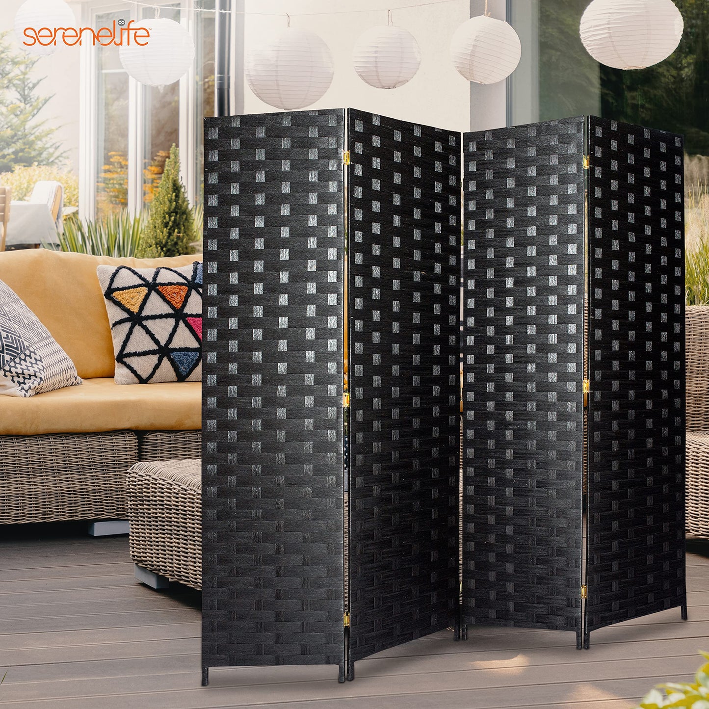 SereneLife Woven Fiber Room Divider - 4-Panel Portable Lightweight Freestanding Indoor Foldable Decorative Partition, Screen Separator, Better Folding Privacy, Dressing Area, Porch, Office