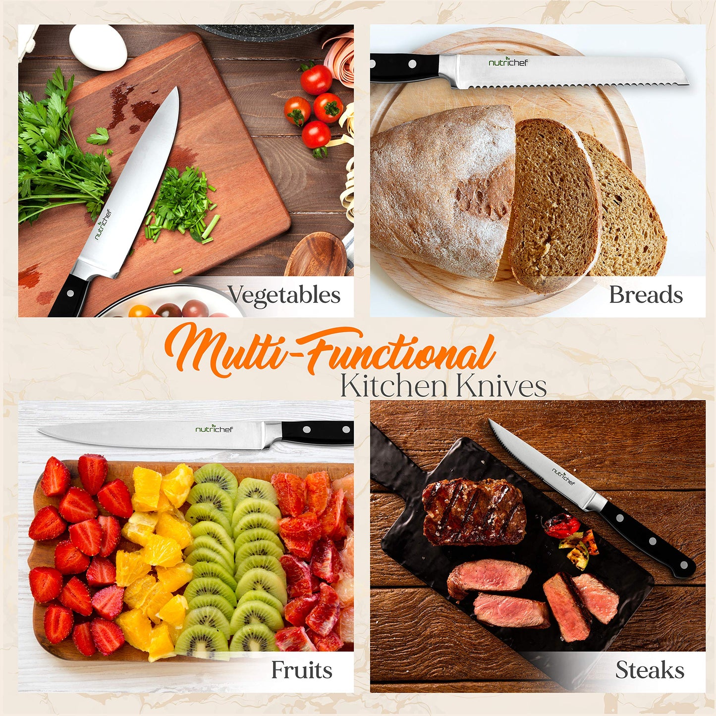 NutriChef 13-Piece Kitchen Knife Set with Wooden Block - Precision Crafted Stainless Steel Knives with Scissors & Built-In Sharpener - Lightweight, Durable, & Razor Sharp - Dishwasher Safe (NCKNS13)