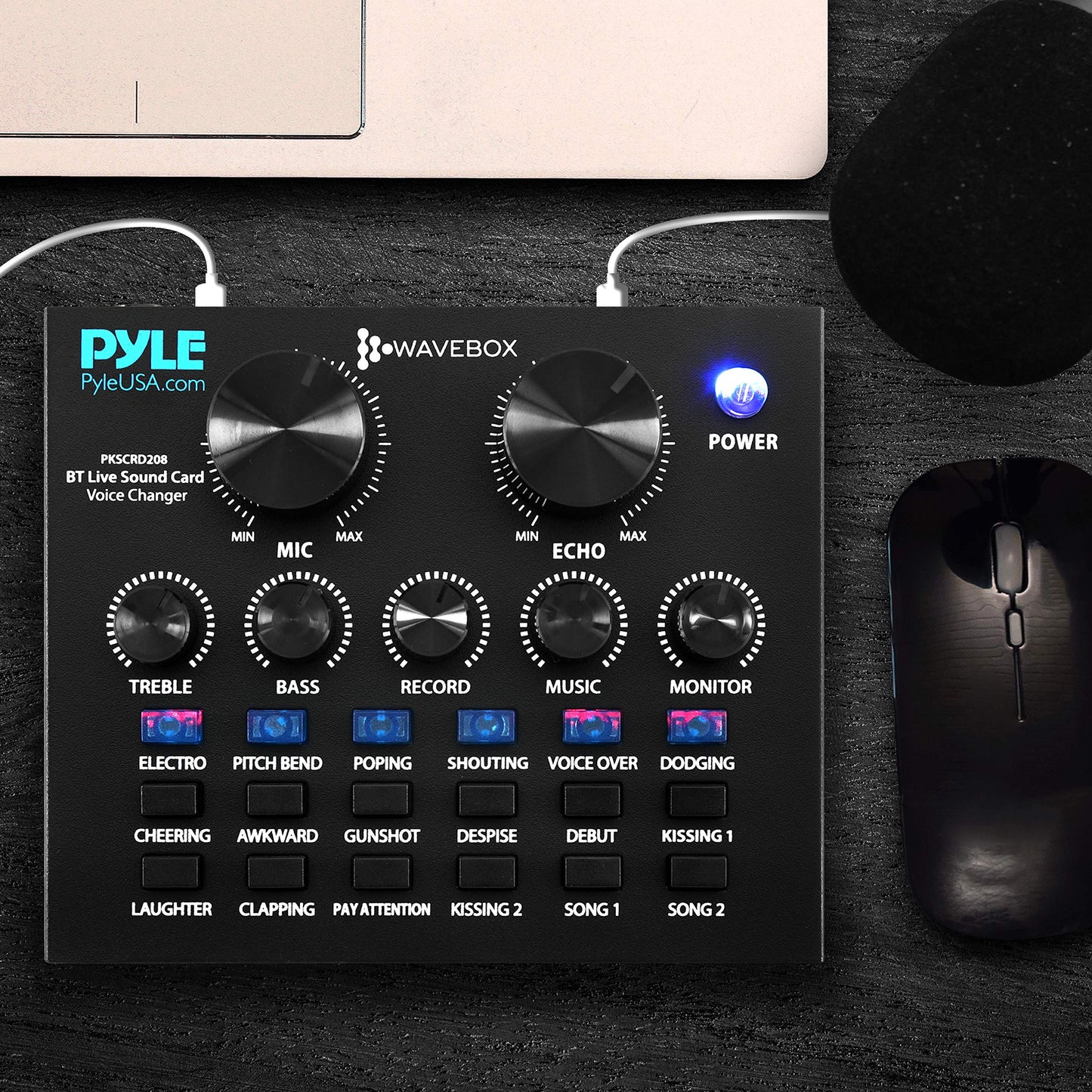 Pyle PKSCRD208 Bluetooth Mini Audio Interface Podcast Mixer Sound Card - Live Streaming for PC Computer iPhone Broadcasting | Voice Changer V8 with 12 Sound Effects,3 Inputs, Mic Input